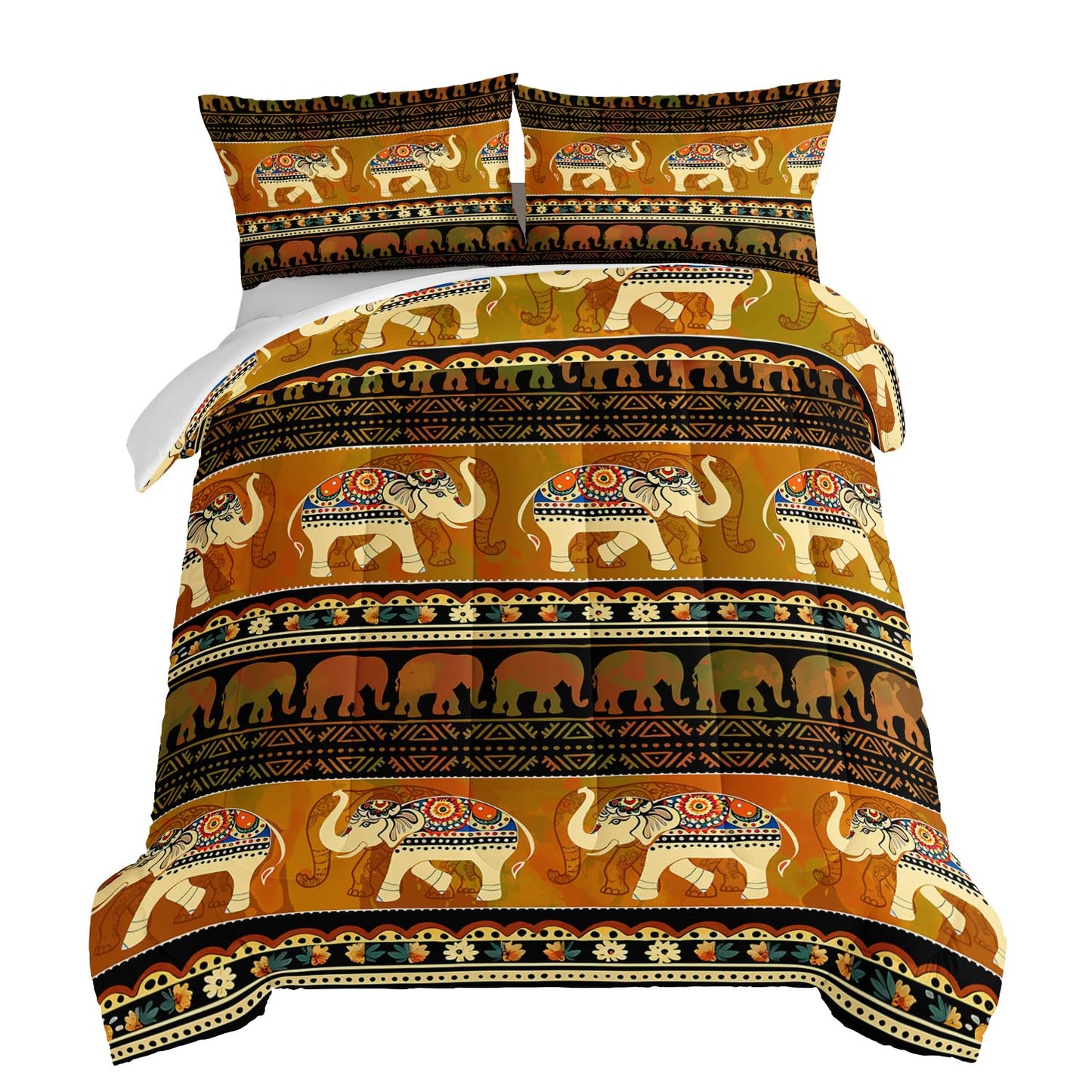 HOSIMA Western Bedding Sets Elephant Queen Comforter Set 3 Pieces,Brown Mandala Bedding for Teens Boys Girls Western Room Decor,Fluffy Lightweight Animal Boho Bedding with 2 Pillowcases.