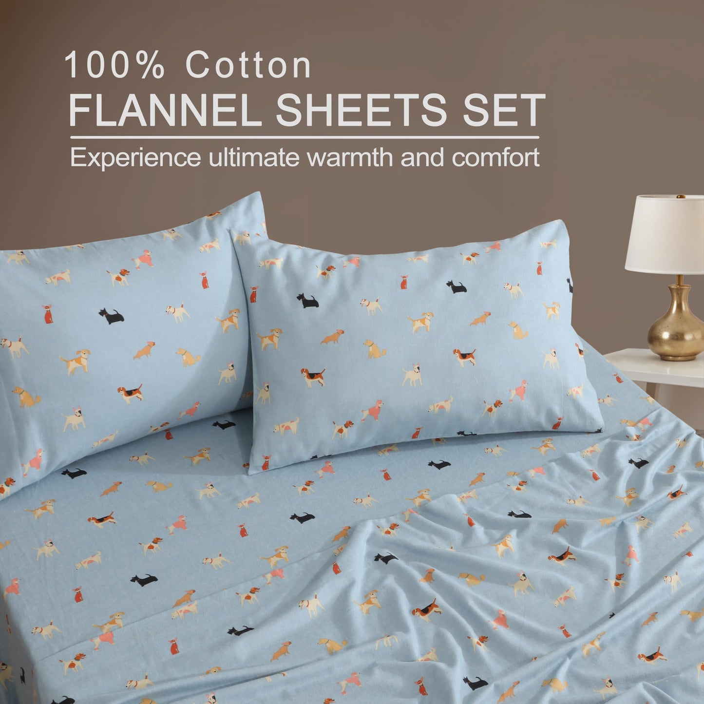 ZOYER Flannel Sheets Queen Size - 100% Cotton Double Brushed Bed Sheets, Deep Pockets 16 Inches Queen Sheet Set, All Seasons Breathable & Extra Soft - Warm & Cozy, 4 Piece, Puppy Pub