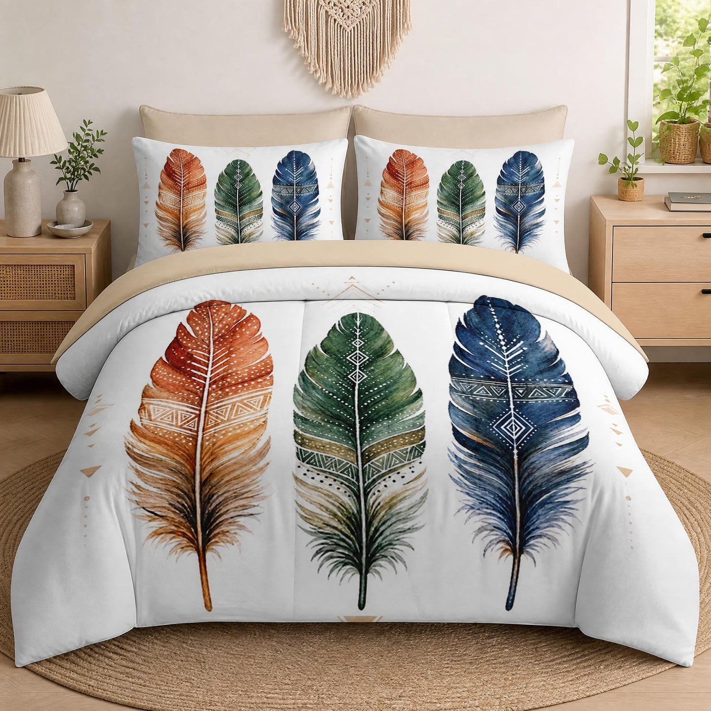 Boewywh Comforter Set Twin Size Feather Boho Aztec 7 Pcs, Bedding for Kids and Adults, Western Geometric Bed Sheet Sets with Fitted Sheet 2 Pillowcases & 2 Shams for Bedroom Bed Decor