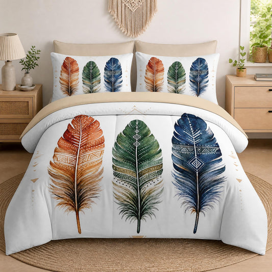 Boewywh Comforter Set Twin Size Feather Boho Aztec 7 Pcs, Bedding for Kids and Adults, Western Geometric Bed Sheet Sets with Fitted Sheet 2 Pillowcases & 2 Shams for Bedroom Bed Decor
