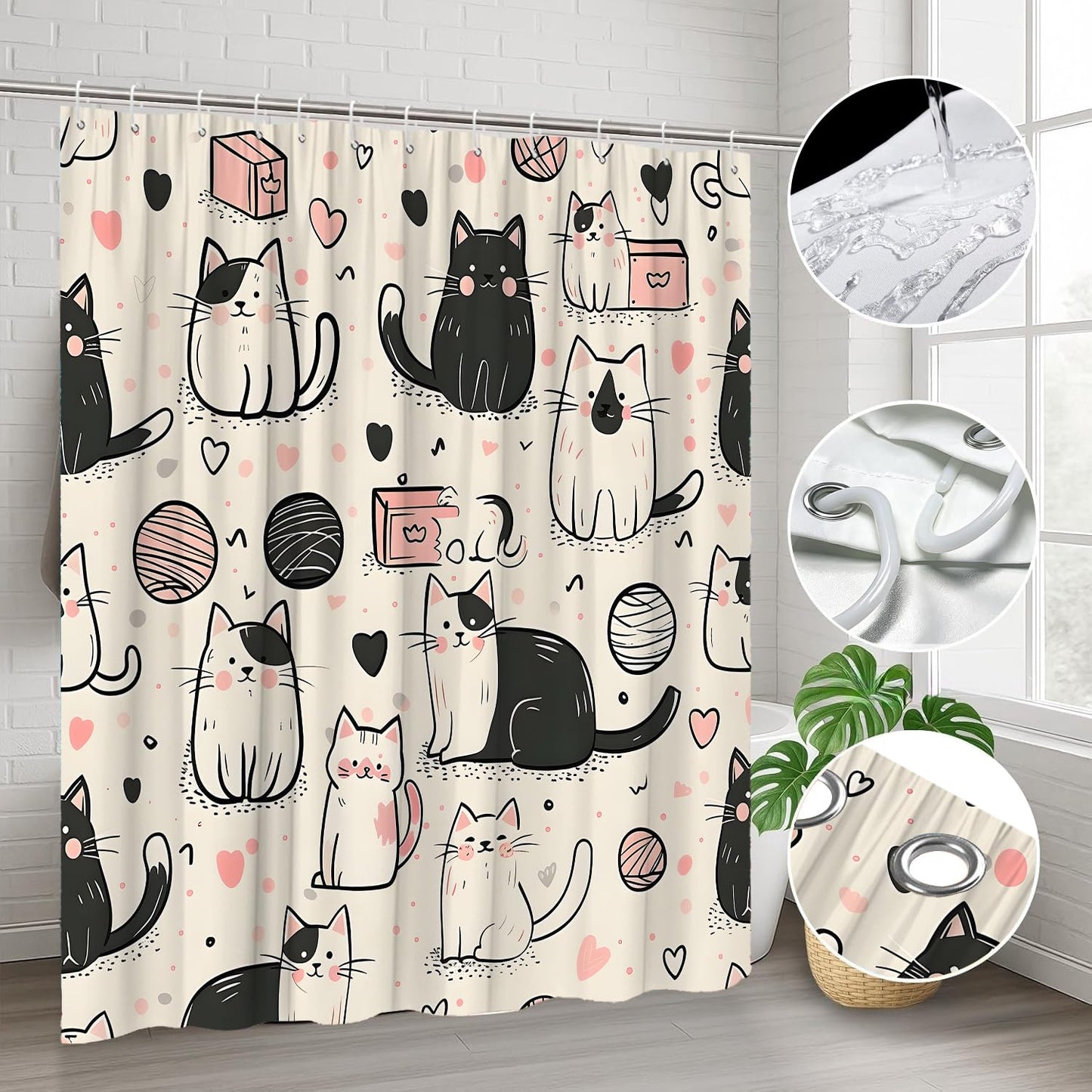 YOZSLGU Funny Abstract Cat Shower Curtain Cute Kitty Kitten Cartoon Fabric Bathroom Decor Curtains Set with Hooks, 70" Wx70 H