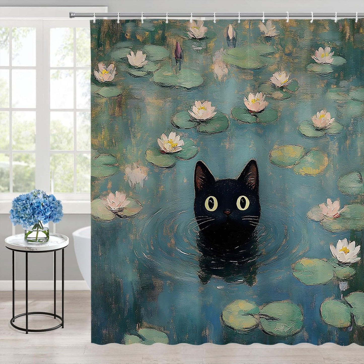 ZFMRZF Black Cat Shower Curtain, Waterlily Pond Oil Painting Style, Cute Kitten Bathroom Decor Polyester Curtains Set with Hooks 70x70 Inch