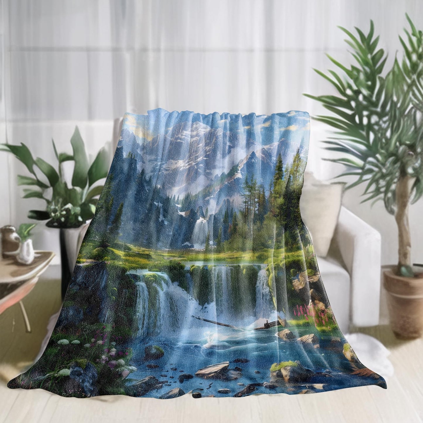 zbezbe Majestic Mountain Waterfall Forest Flannel Blanket Peaceful Alpine Nature River Snow Peak Throw Blankets Lightweight Soft for Party Chair Bed Sofa Camping Travel,Home Decor,Gifts 50x60in