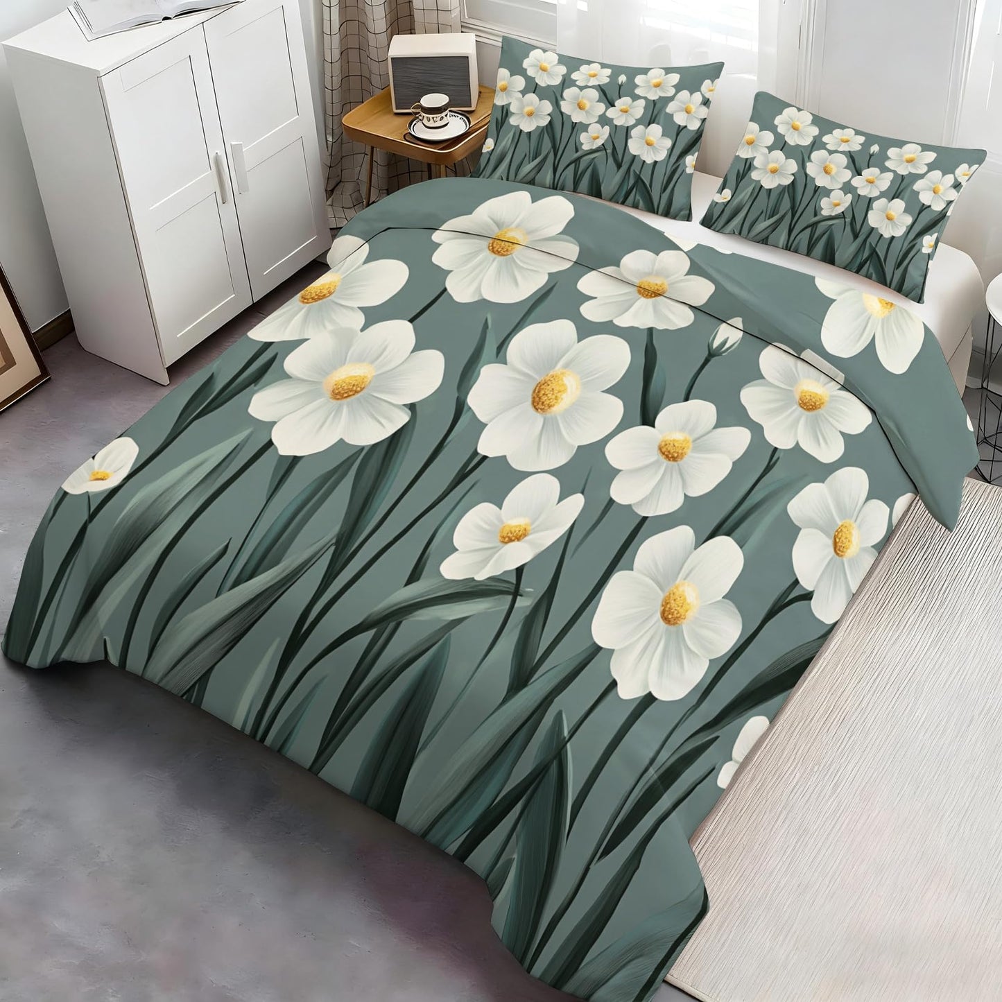 PAISUOQ Floral Duvet Cover Full Size, Abstract Flowers Bedding, 3 Piece, Soft Microfiber Patterned Comforter Cover with Zipper Ties & 2 Pillowcase, Daisy Florals Bedroom Decor & Gifts