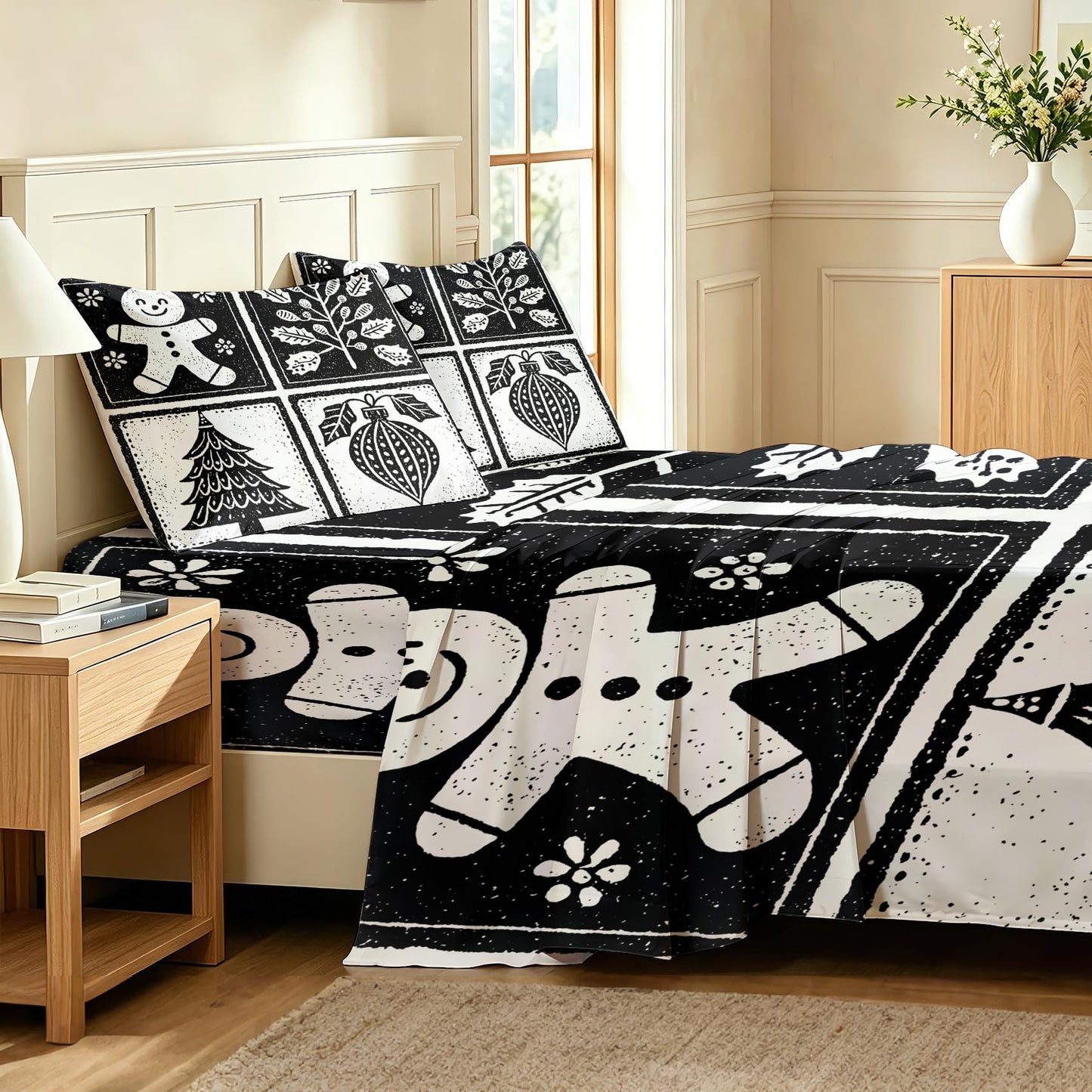Gingerbread Man Sheet Set, 3 Pcs Twin XL Size Christmas Bed Sheets, White