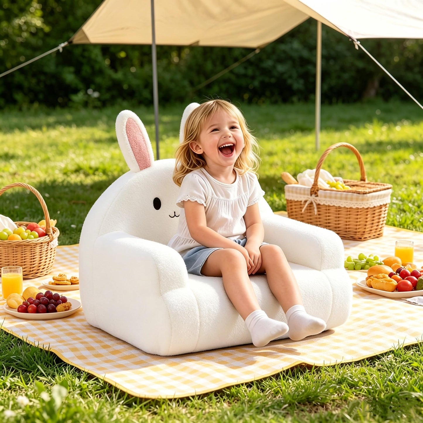 Karl home Toddler Chair Comfy, Toddler Reading Chair, Cute Animal Series Kid's Chair, Foam Kids Sofa with Soft Teddy Plush, Outdoor Furniture for Backyard Patio Garden Playroom Preschool, White Bunny