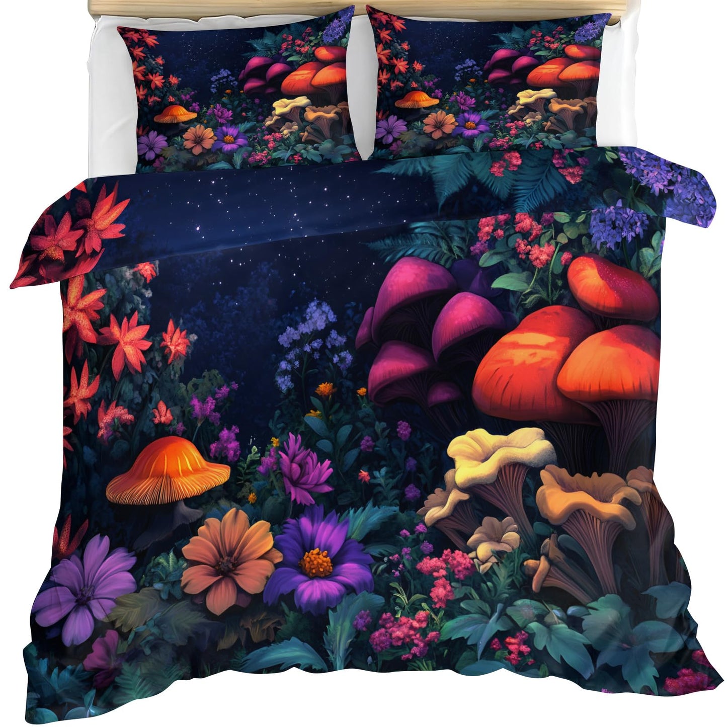 GKPLY Mushrooms Duvet Cover Cal King, Magical Forest Bedding Sets, Starry Floral Comforter Set, Zipper & Ties, Garden Duvet Cover & 2 Pillow Cases, Reversible Print