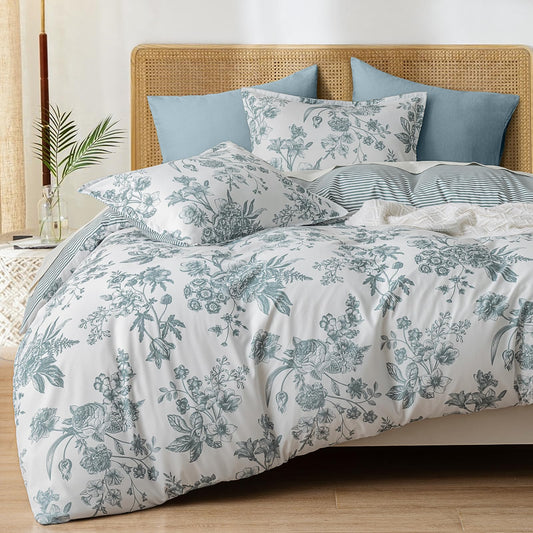 PHF Ultra Soft Floral Duvet Cover Queen Size, Printed Bedding Set 3 Pieces, Comfy Farmhouse Pattern Duvet Cover Set with 2 Pillow Shams, Zipper Closure and 8 Ties, 90"x90", Flower-Blue