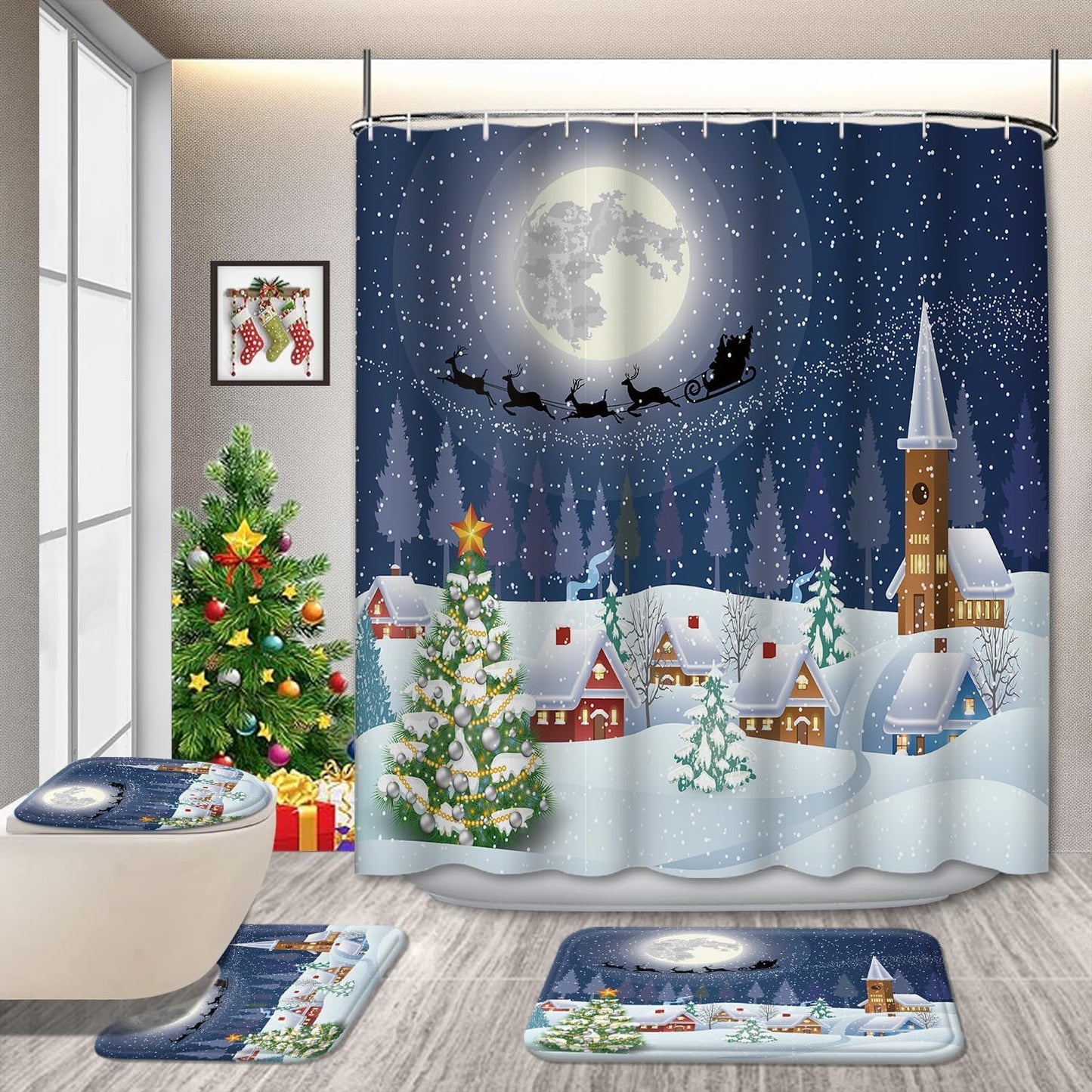 Czrqvyx 4PCS Christmas Holiday Winter Snowman Xmas Tree Santa Shower Curtain Blue Fabric Pine Moon Stars Snow Shower Curtain Christmas Bathroom Decor Curtain, 72Wx72H