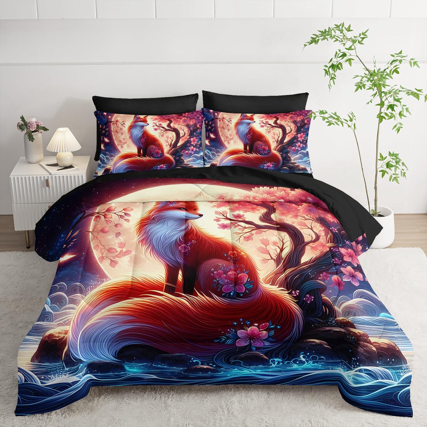 Nttopship Fox Comforter Set Twin Size 7PCS, Cartoon Fox Sakura Bedding Set 7 Piece in A Bag,Bed Sheet Set Wildlife Bedroom Decor,Microfiber Lightweight All Season