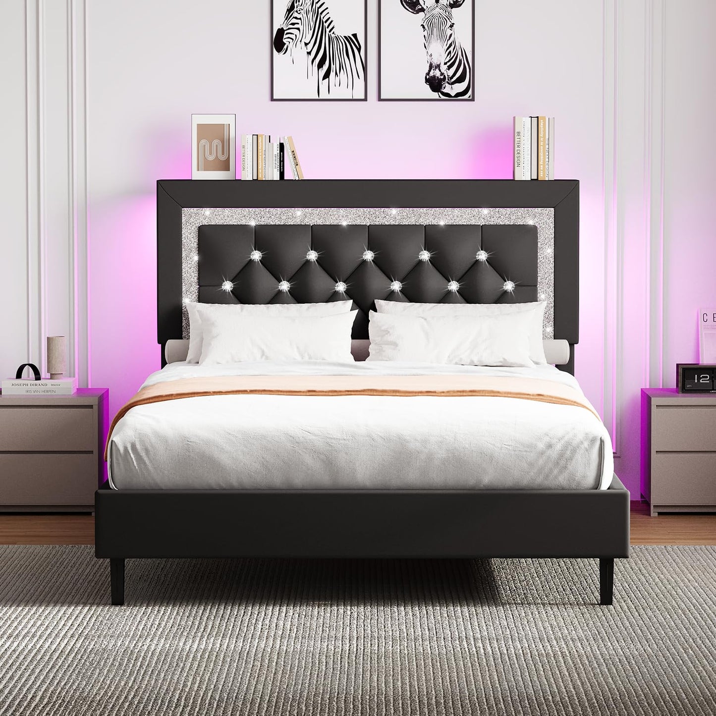 Twin Bed Frame with Storage Headboard, Upholstered Platform Bed Frame with Diamond Tufted Headboard and LED Lights, Wooden Slats Support, Noise Free, No Box Spring Needed, Easy Assembly, Black