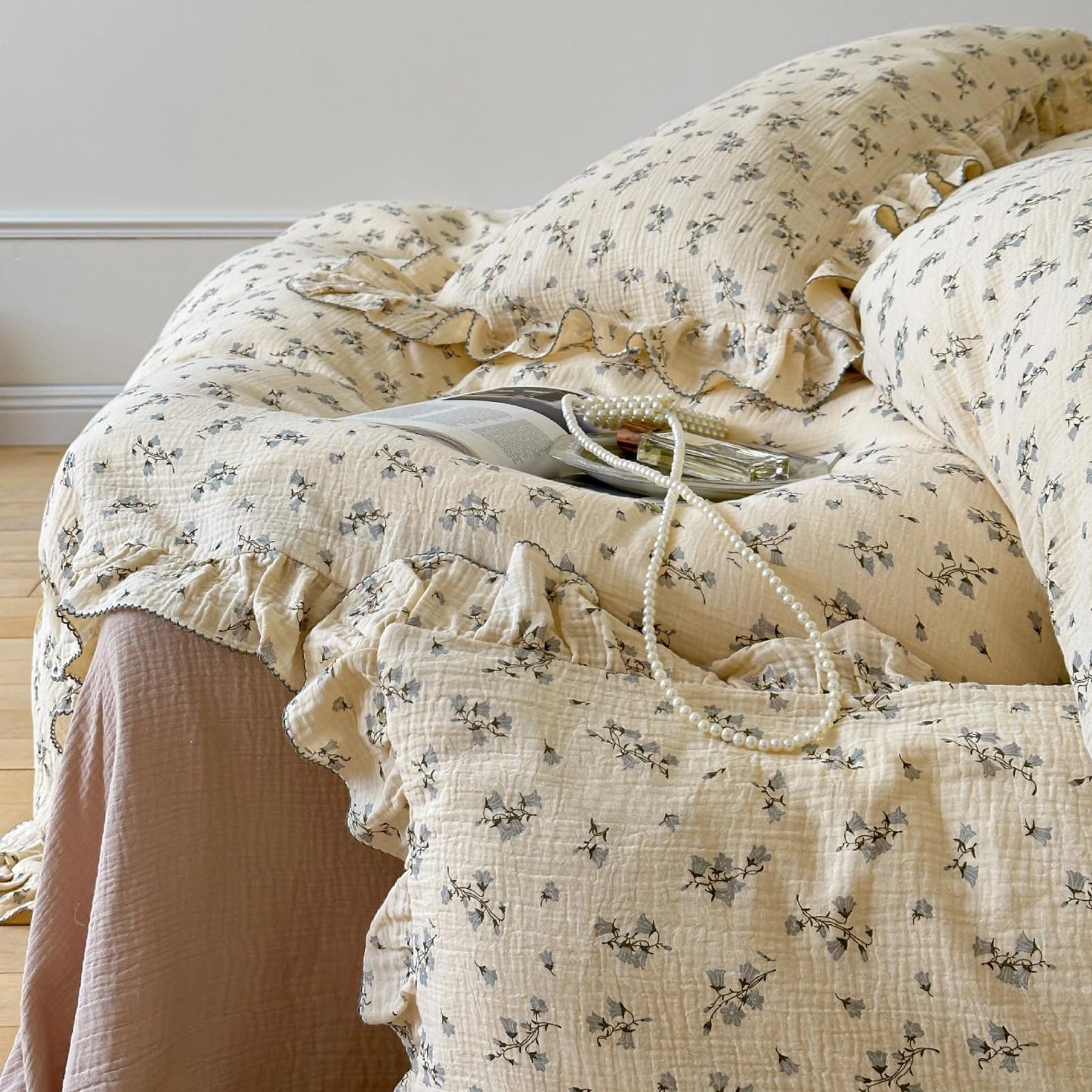 BuLuTu Muslin Duvet Cover Queen Bedding Set, Chic Shabby Floral Ruffles Quilt Cover 90"x90", Gauze Cotton Comforter Cover with 2 Pillowcases, Hyacinth Pattern, Zipper Closure, All Season