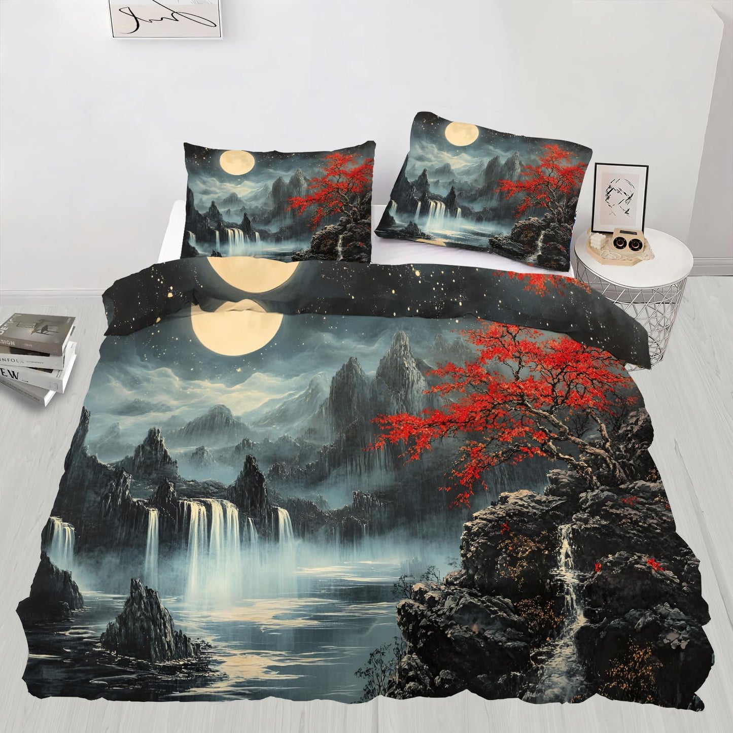 PAISUOQ Waterfall Bedding Sets Full Oriental Night Scene Comforter Cover with Zipper Ties, Traditional Paintings Duvet Cover with 2 Pillowcases, 3 Pieces，Bedroom Decor & Gifts