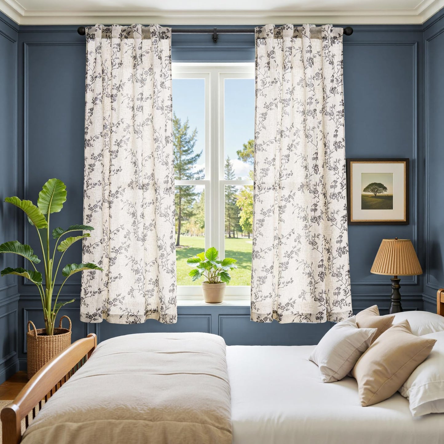 jinchan Linen Floral Curtains 63 Inch Farmhouse Country Flower Drapes Rustic Window Curtains Light Filtering for Living Room Bedroom Laundry Back Tab 2 Panels Black on Beige