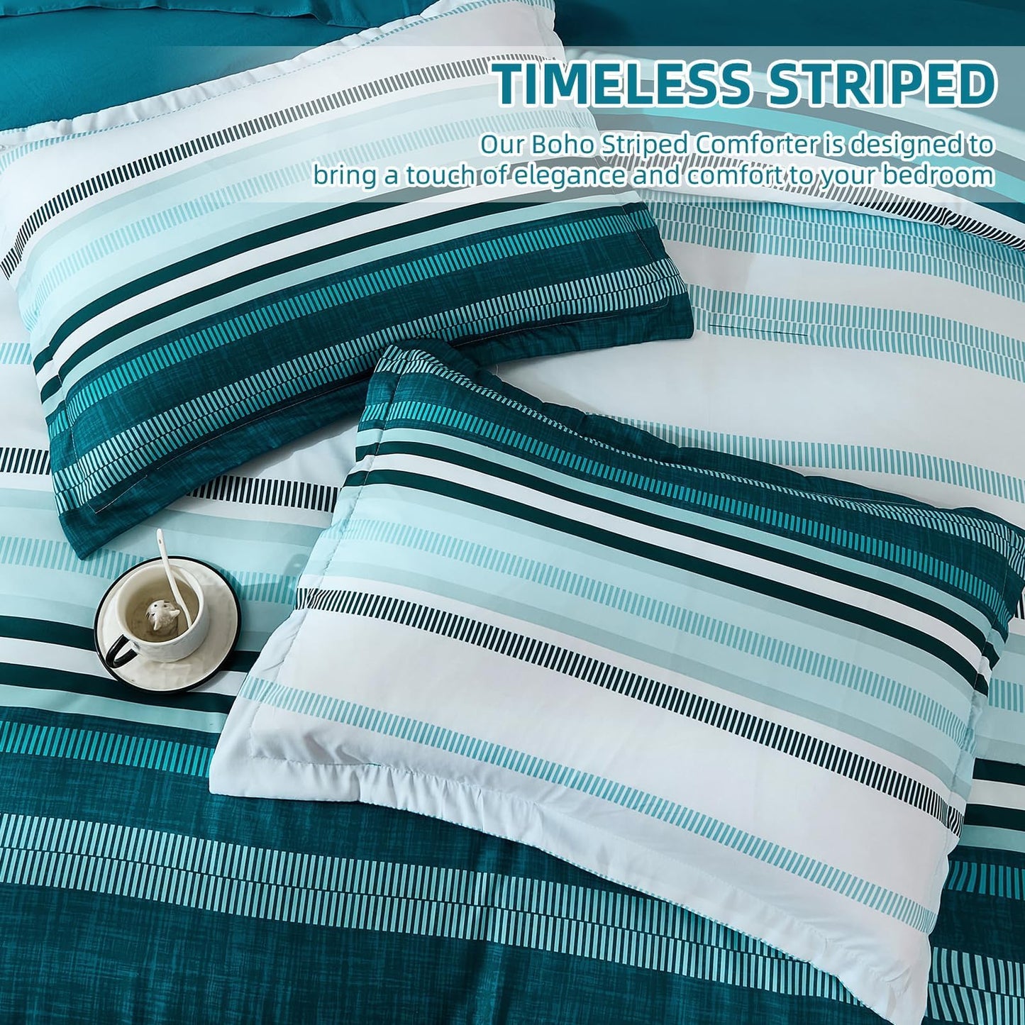 Dobuyly Teal Queen Comforter Set 7 Pieces, Blue Boho Striped Bed in a Bag Queen Size Soft Microfiber All Season Bedding Set with Comforter, Sheets, Pillowcases & Shams