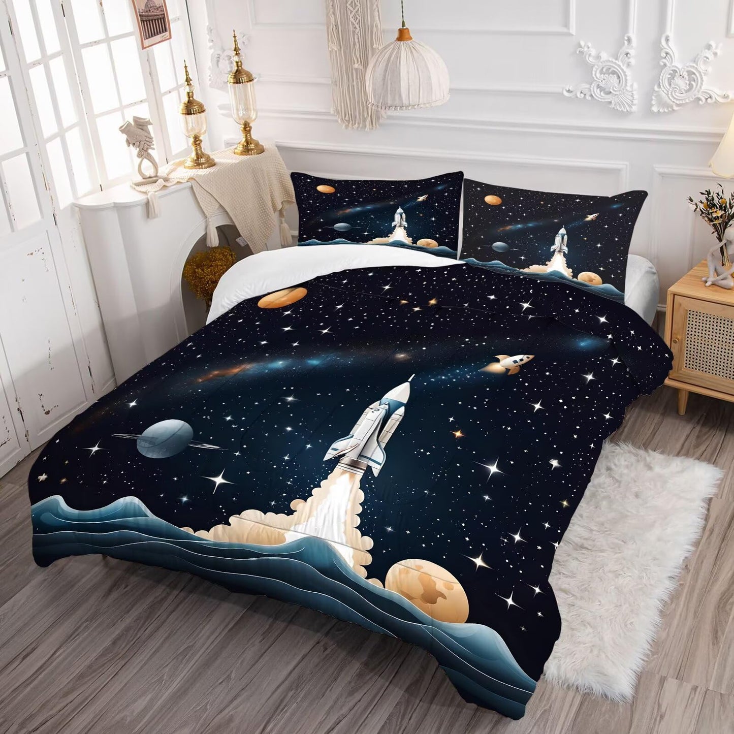 DJNEAR Space Comforter Set Full Size Blue Galaxy Bedding Sets for Kids Boys Girls Teens Adults Bedroom Starry Planet Rocket Quilt 1 Comforter 2 Pillowcases