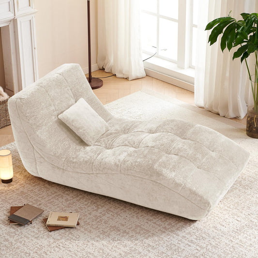 Huadeo Chaise Lounge Chair with Curved Back, Modern Upholstered Recliner Sofa, Tufted Accent Lounger Comfortable Lazy Chair for Bedroom, Apartment (Beige)
