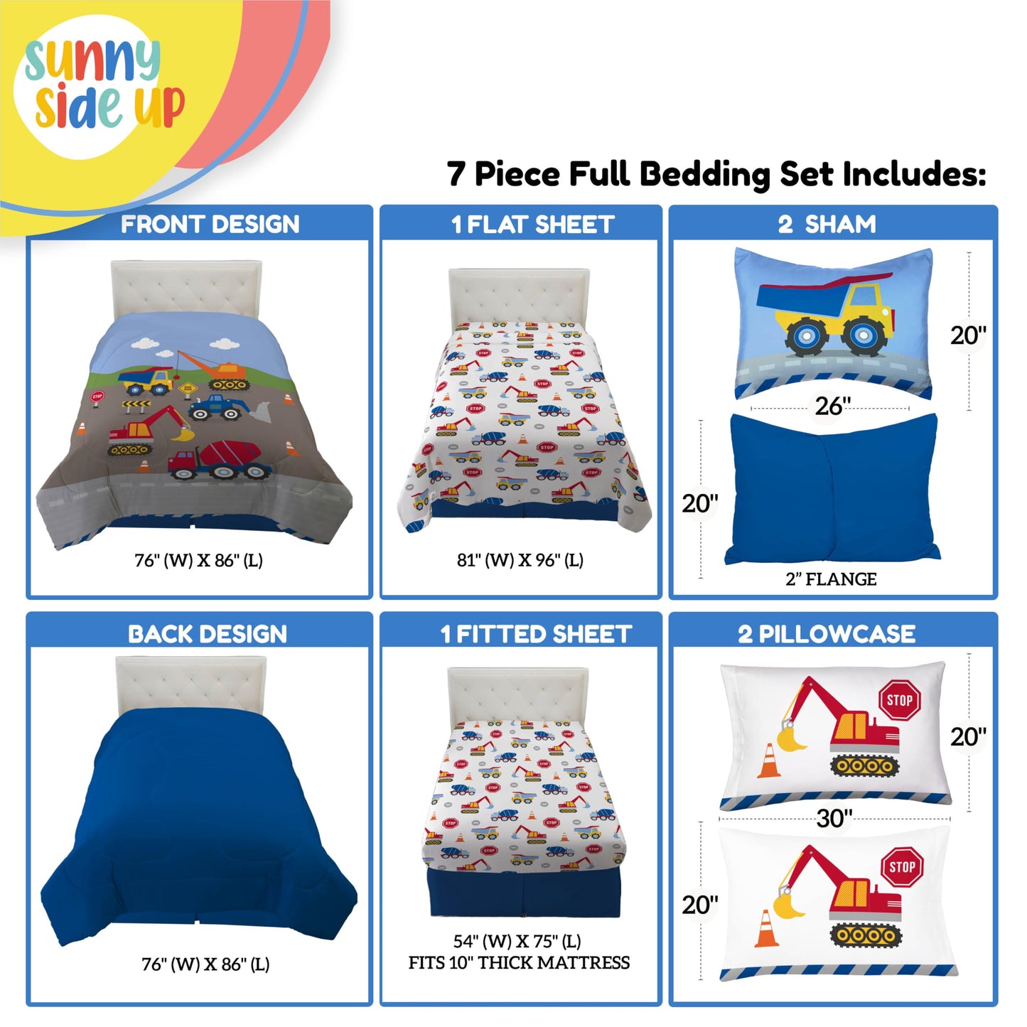 Sunny Side Up Construction Zone Full Comforter Set - 7 Piece Kids Bedding Includes Comforter, Sheets & Pillow Cover - Super Soft Vehicles Microfiber Bed Set