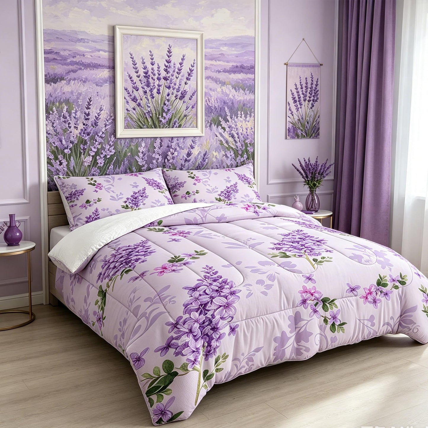 FUYEUN Floral Bedding Set Full : Purple Lilac Flower Comforter Set for Girls Women Kids Teens Bedroom Bed Bedspread Quilt,1 Comforter,2 Pillow Cases