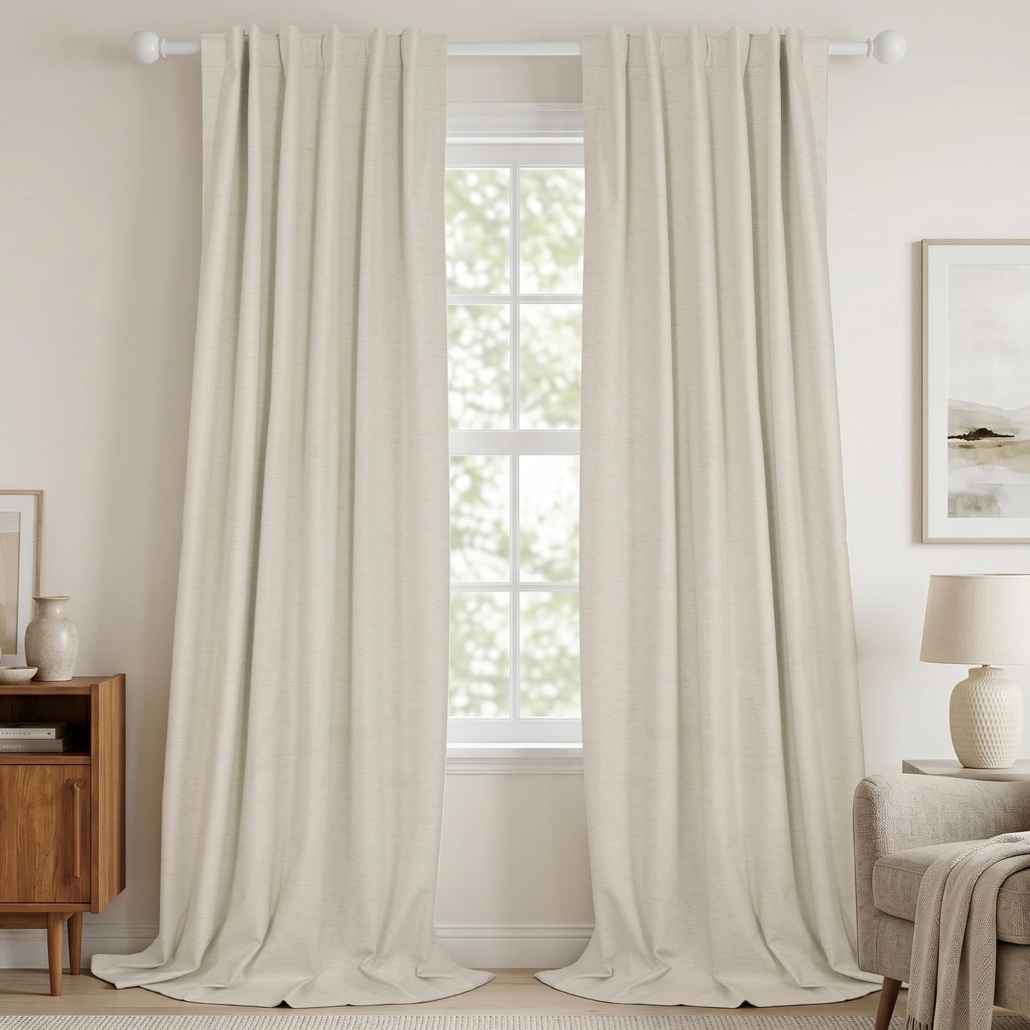 HESTIA 100% Blackout Natural Linen Curtains for Bedroom 84 Inches Long 2 Panels Set Noise Reducing Room Darkening Window Curtain for Living Room Back Tab Farmhouse Drapes (52 x 84 Inch)