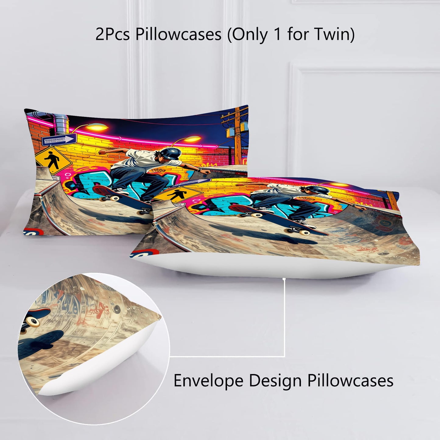 VTKON Skateboard Comforter Set for Teens Queen 3Pcs with 1 Comforter and 2 Pillowcases Cool Graffiti Bedding Set Boys Sports Themed Bed Sets Microfiber for All Season