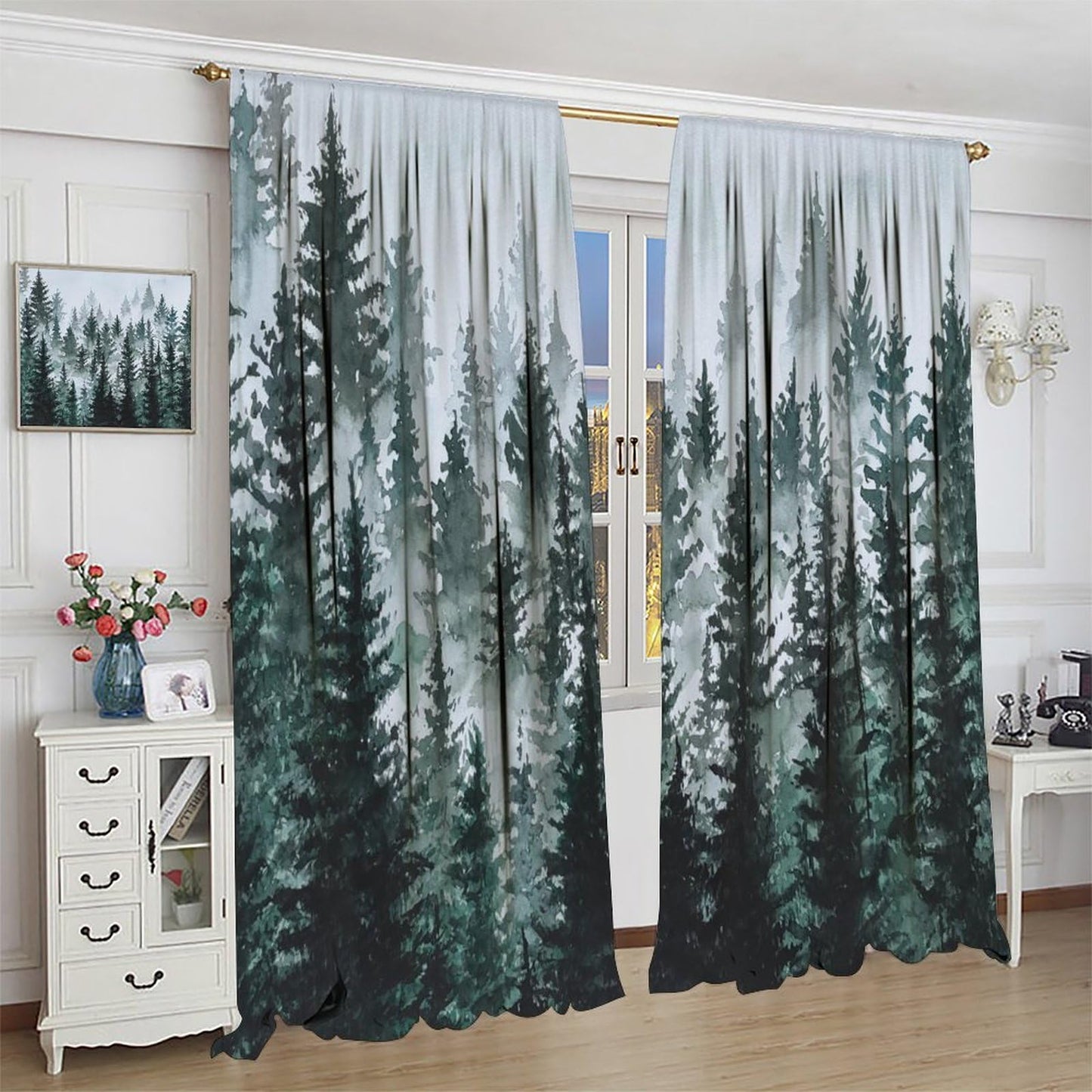 HZOHNAGO Forest Curtains Misty Watercolor Pine Trees Pattern Blackout Print Rod Pocket Window Drapes for Bedroom Living Room 42x45in