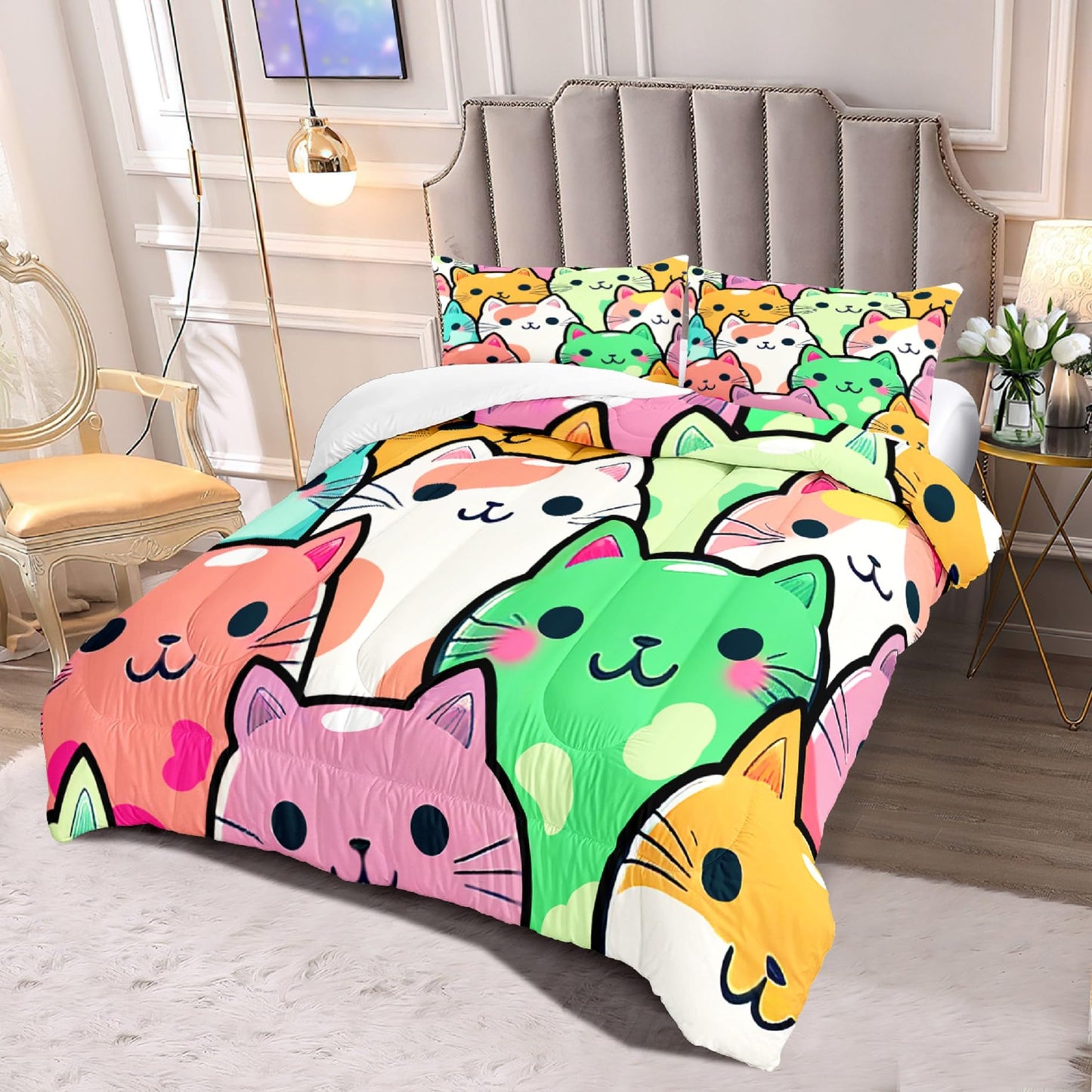 Jiospet Cat Bedding Set - Full Size Comforter, 2 Pillowcases for Girls, Soft Breathable Polyester, Machine Washable, Cat Themed Bedding for Kids Room Decor, Birthday & Holiday Gift