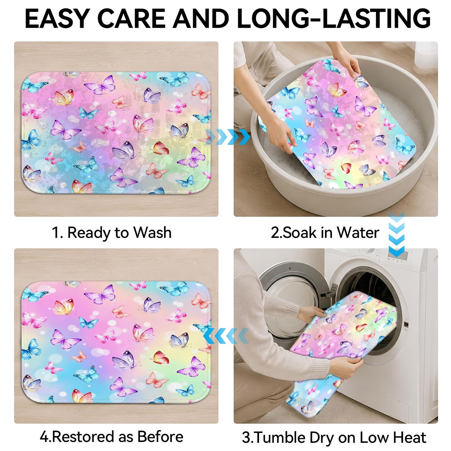 Muuyi 4Pcs Pink Bathroom Sets with Shower Curtain and Rugs, Gradient Butterfly Cute Shower Curtain Set, Women Girly Bathroom Decor, Includes Non-Slip Bath Mat, Toilet Lid Cover & 12 Hooks, 71" x 71"