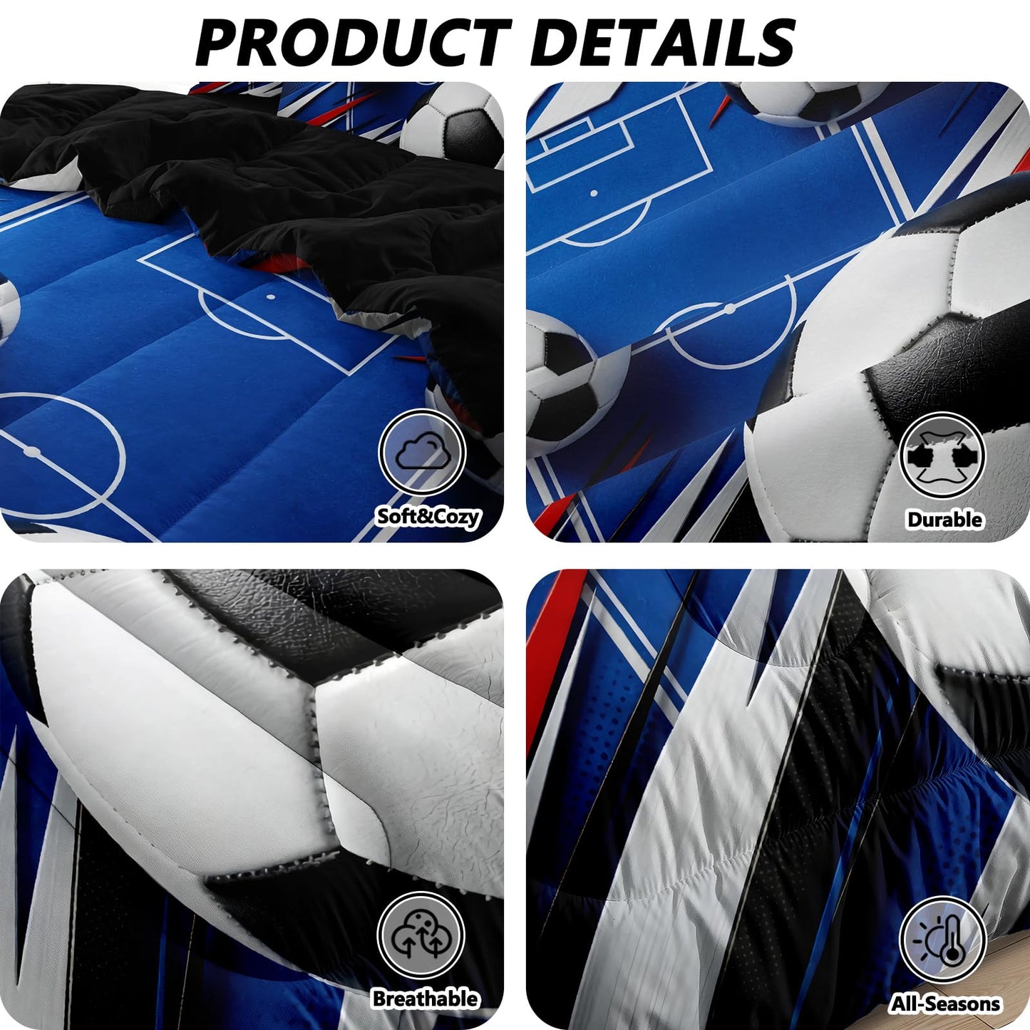 HICAND 5 Pcs Soccer Full Bedding Set for Boys Teens, Full Size Sports Blue Soccer Field Boys Comforter Set with Sheets