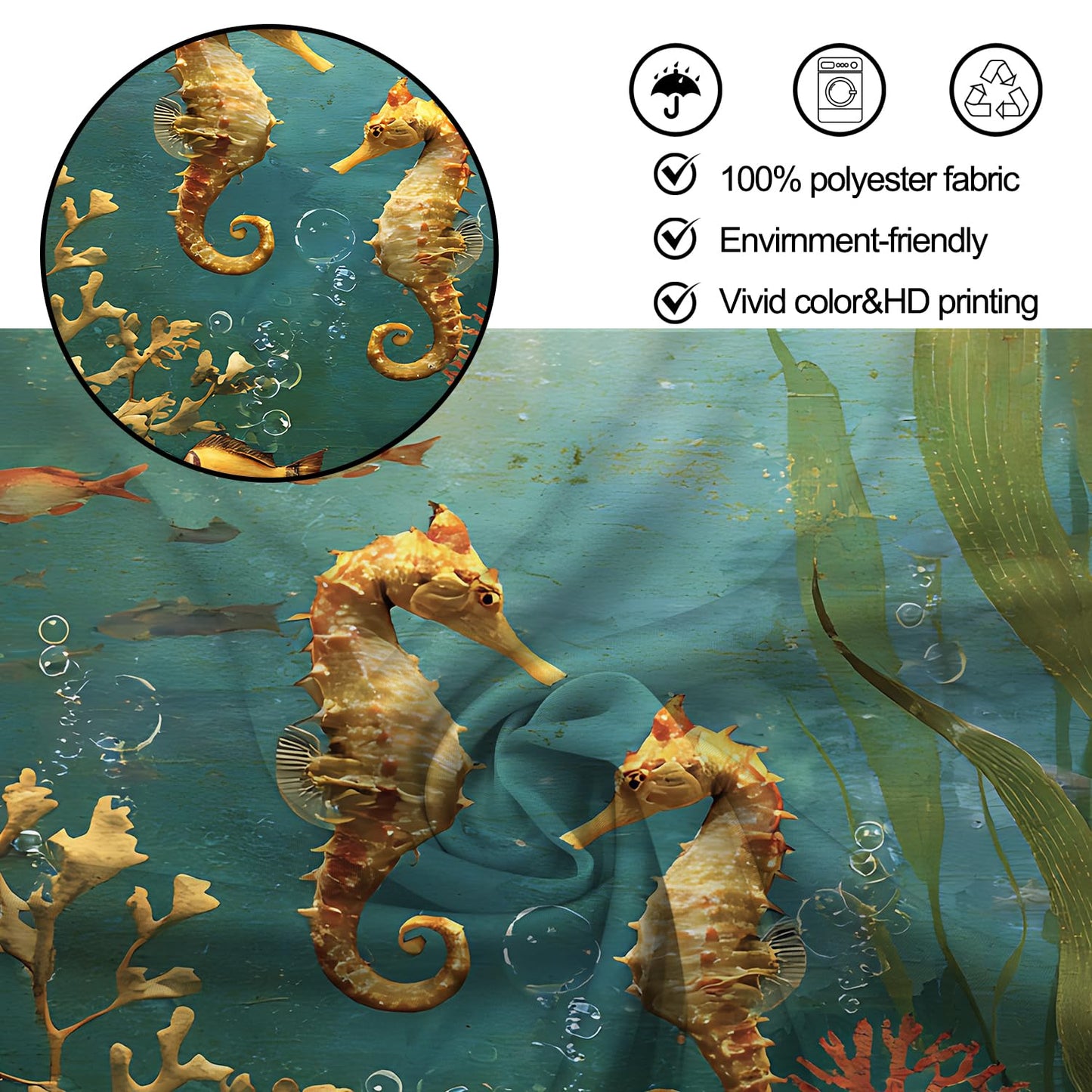 THISFIND Shower Curtain, Underwater Seahorse Coral Reef Scene Machine Washable Waterproof Fabric for Bathroom Decor Bathtub with 12 Hooks 72x72