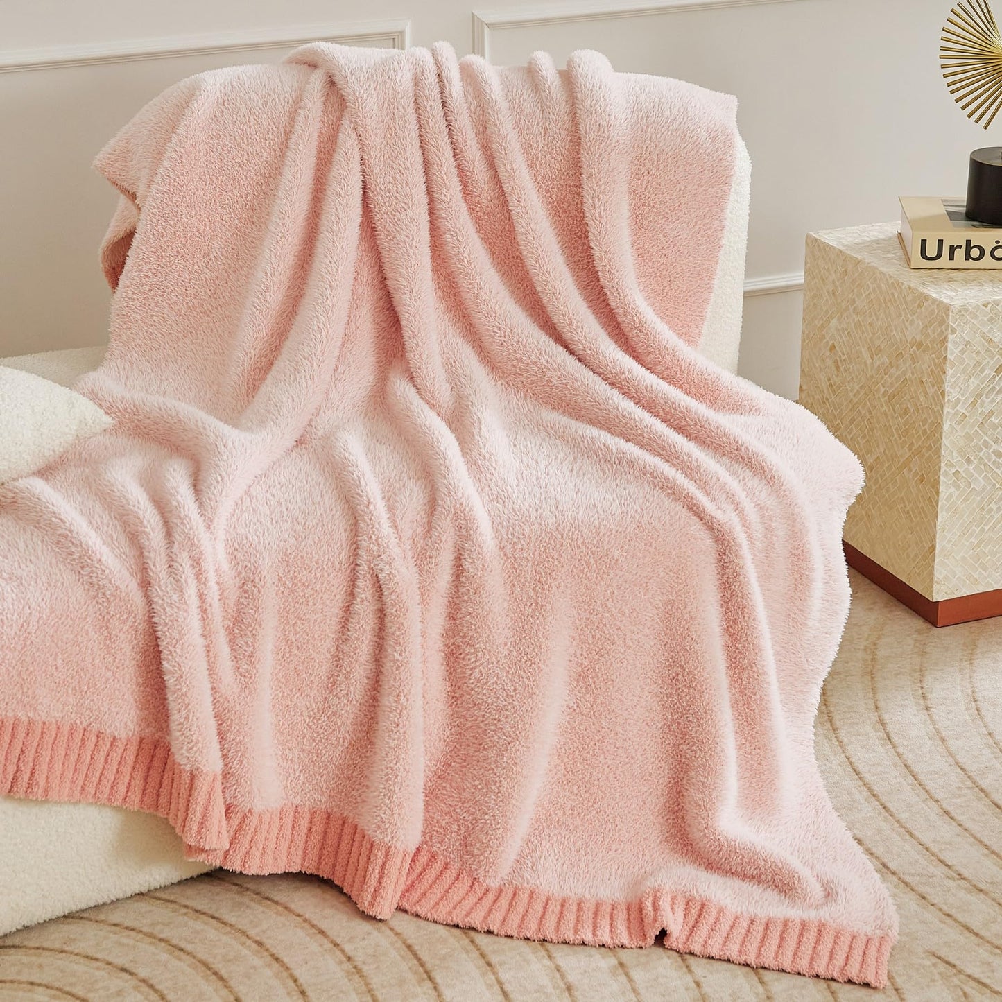 WESHIONGOO Faux Fur Throw Blanket Soft Feather Yarn Knitted Blanket 50x60 Inches Lightweight Breathable Throw for Bed, Couch, Travel - Machine Washable Cozy Home Decor Gift (Pink)
