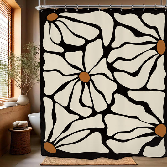 Kalmico Matisse Flower Shower Curtain 60Wx72L Inch Abstract Retro Aesthetic Minimalist Modern Vintage Art 70s Modern Black Beige Bathroom Set Accessories Decor with 12 Pack Hooks