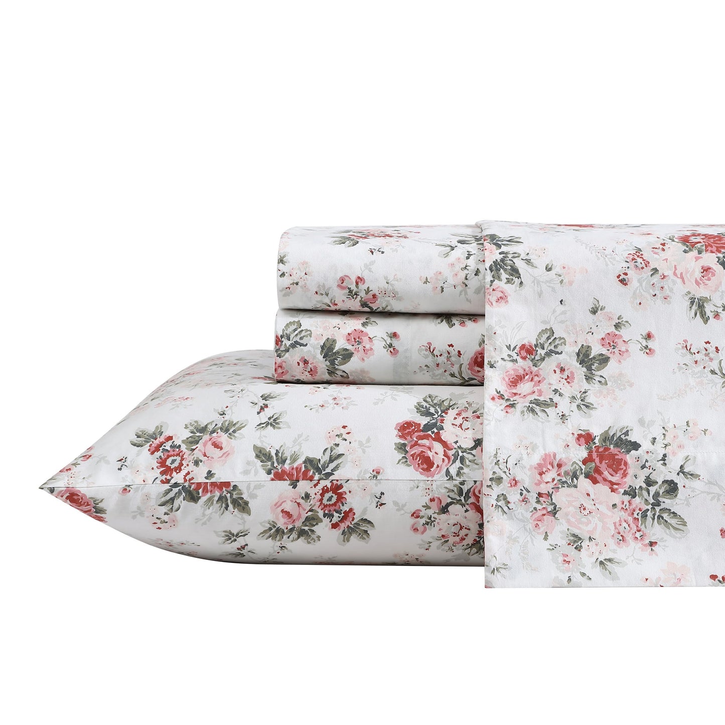 Laura Ashley - King Sheets, Cotton Percale Bedding Set, Lightweight & Breathable Home Decor (Ashfield Pink, King)