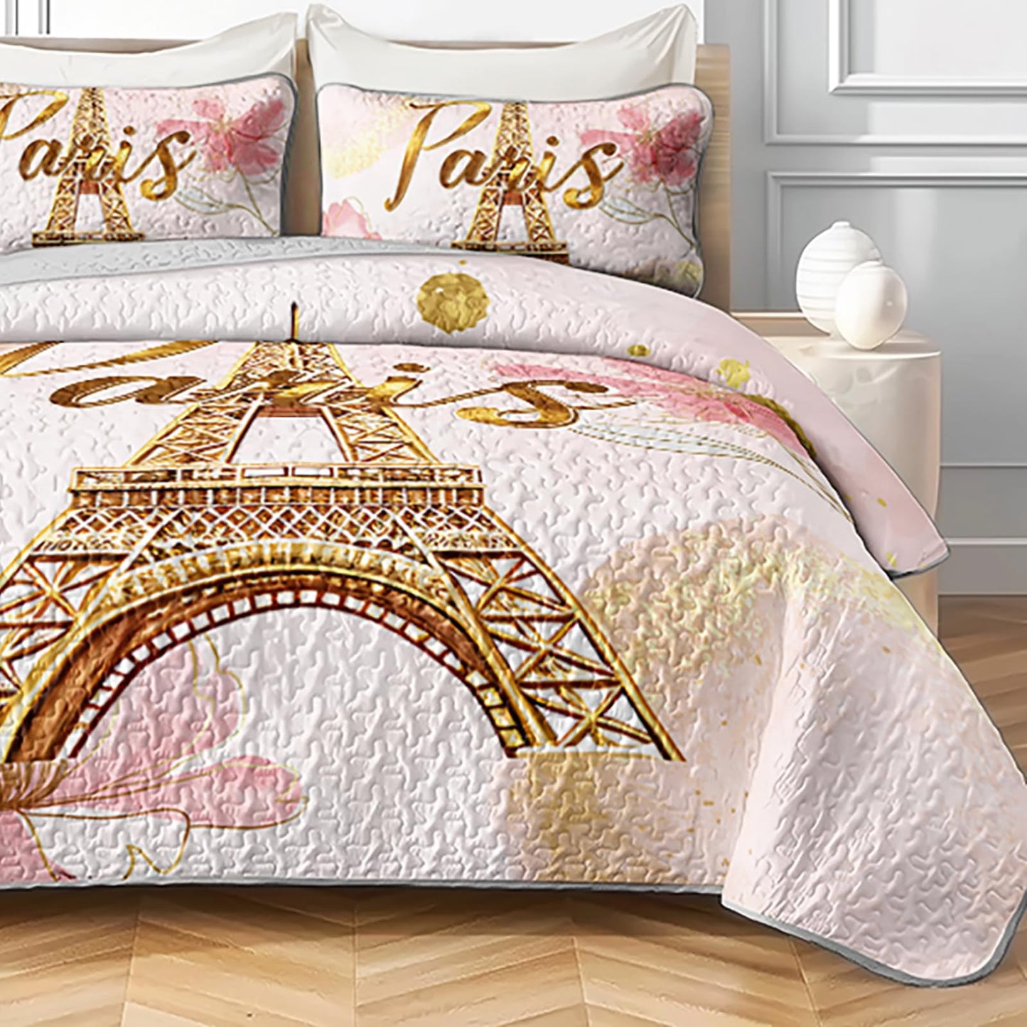 AILONEN Paris Eiffel Tower Bedding Soft Quilt Set King Size,Tie Dye Flower Pink Bedspread Coverlet,3 Piecespink and Gold Watercolor Quilt & 2 Pillowcases