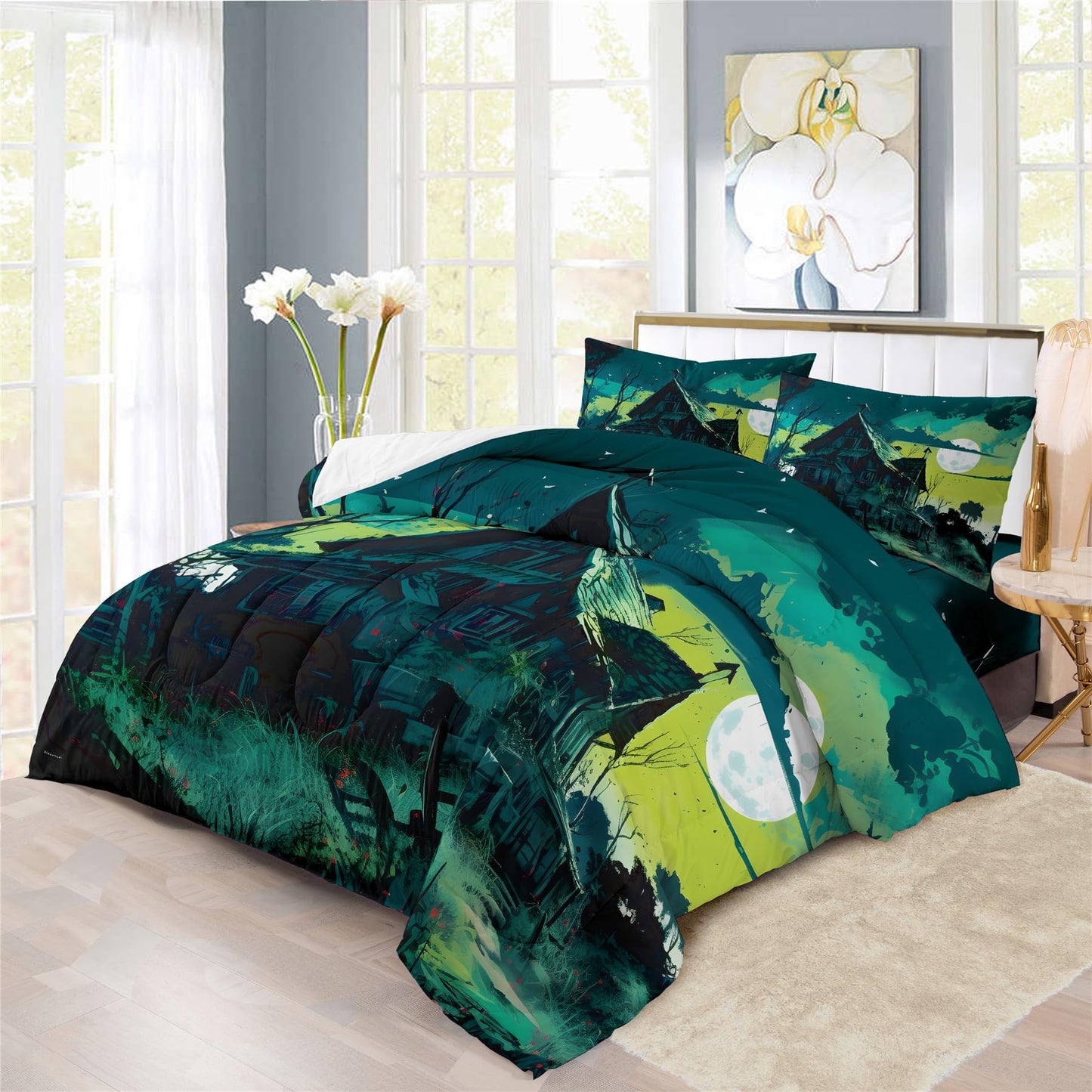 Halloween Ghost Haunted House Prints Comforter Set | Horror Festive Night Spooky Manor Design Bedding Set | with Soft Comforter+2 Pillow Shams(3PCS) or Sheet (4PCS) (B,Full-4PCS)