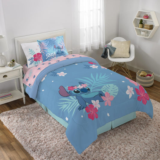 Disney Lilo & Stitch Twin Comforter Set - 5 Piece Kids Bed in a Bag Reversible Comforter & Sheet Set, Girls Stitch Bedding, Super Soft Fade Resistant Microfiber, Machine Washable (Official Disney)