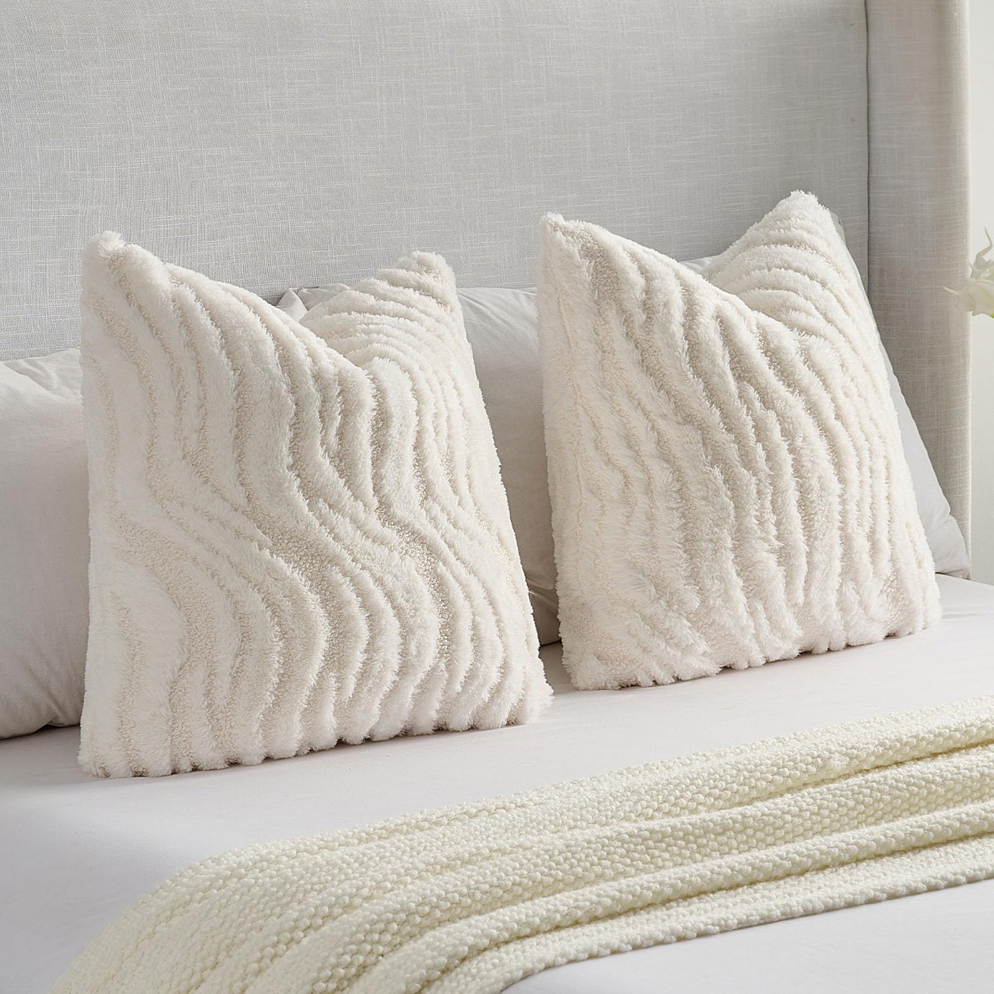 FUTEI Pack of 2 Solid Faux Fur Geometric Striped Throw Pillow Covers 18x18 Inch Soft Farmhouse Decorative Accent Lumbar Pillowcases Modern Home Decor for Couch Living Room, White