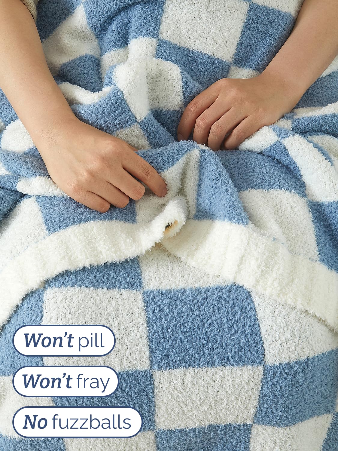 Super Soft Throw Blanket - Checkered Blanket for Couch, Bed, Sofa, Chair - Lightweight Warm Double Sided Knit - All Season Cozy, Fuzzy, Anti-Static Microplush Blanket for Women - 50x60 (Blue/Cream)