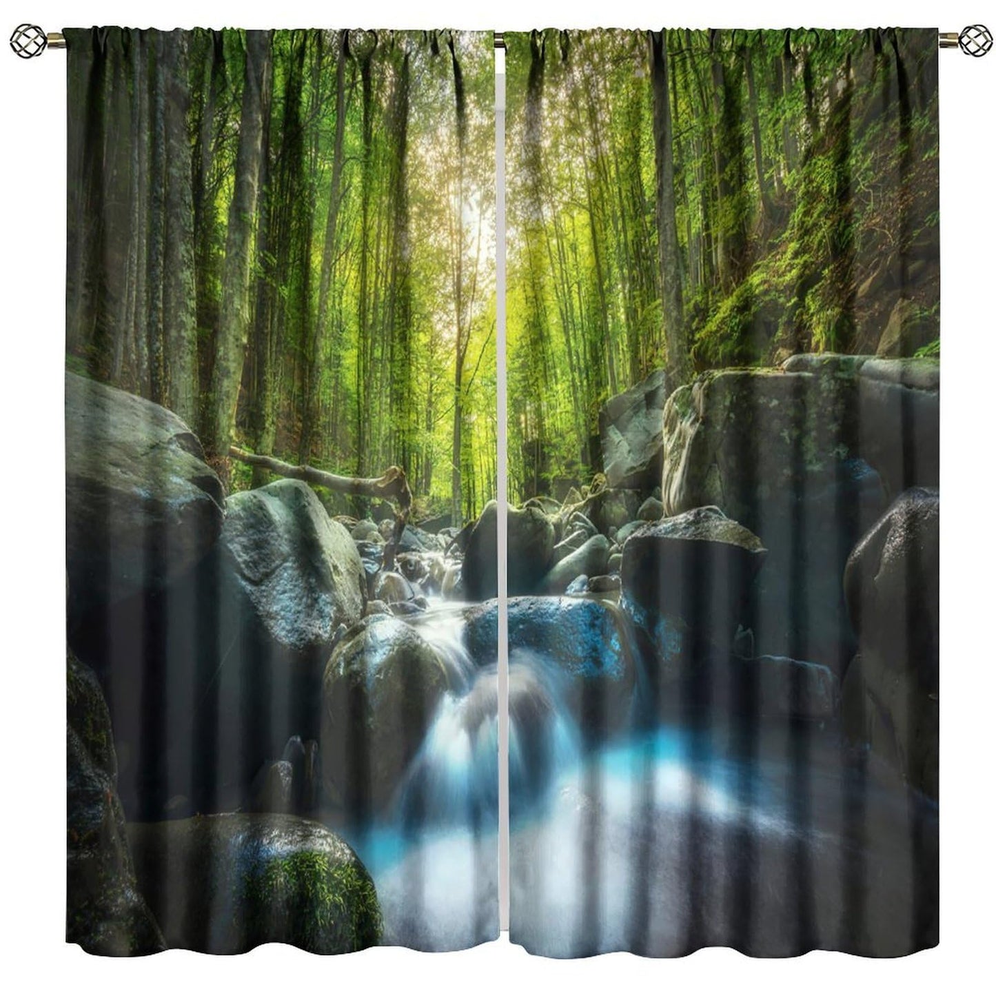 AuiMzoo Waterfall Forest Blackout Curtains Woodland Stream Forest Natural Scenery Bedroom, Living Room, Kitchen, Office Window Treatments42X45 Inch