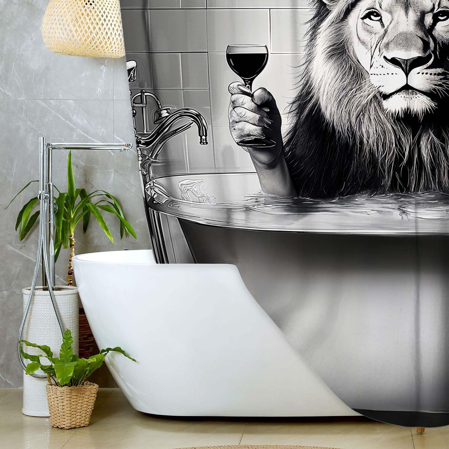 Grtuspr Funny Lion Shower Curtain, Black White Wildlife Animal Boys Men Gray Shower Curtains, Fun Lion Modern Bath Decoration Waterproof Polyester Fabric Shower Curtain Sets with 12 Hooks