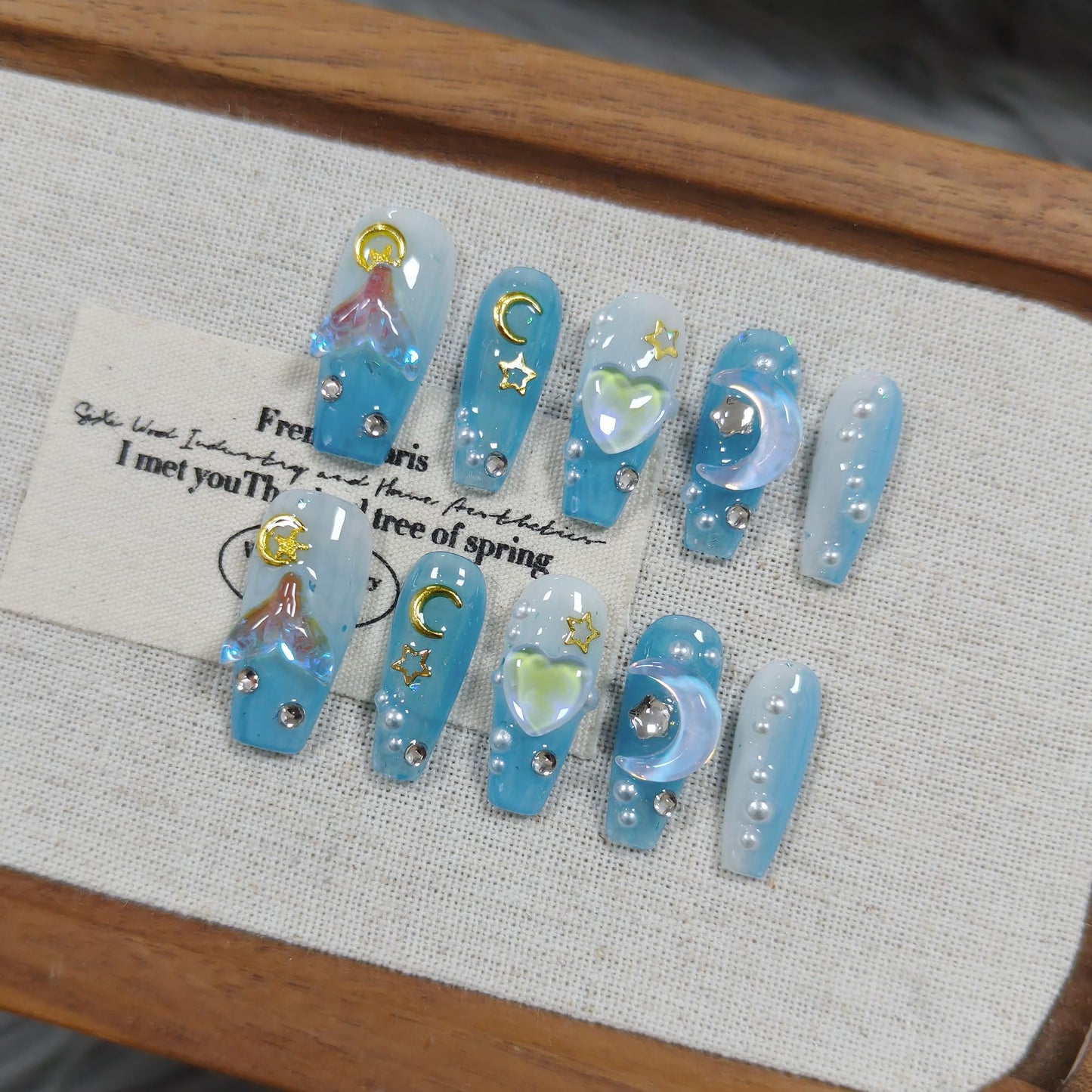 TENPAL Blue Mermaid Ombre Handmade Press on Nails Coffin,10Pcs 3D Glowing Hearts Seashells Designs Glue on Nails Kit,Ocean Siren Vibes Fake Nails for Summer, Sea Nails for Dressing(XS)