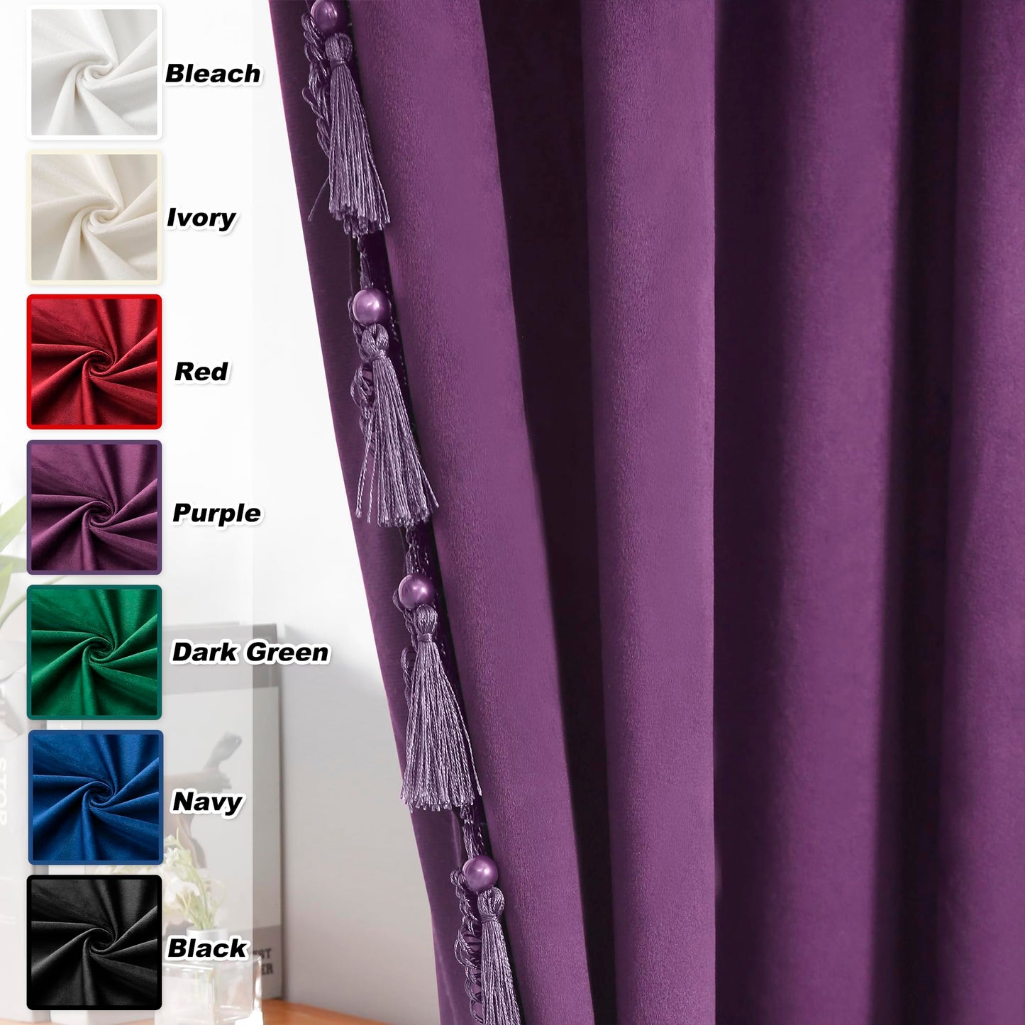 Fazhesici Purple Blackout Velvet Curtains 72 inch Length Windows Rod Pocket Drapes with Tassels Soundproof Thermal Curtains for Living Room 2 Panels Set 52" x 72"