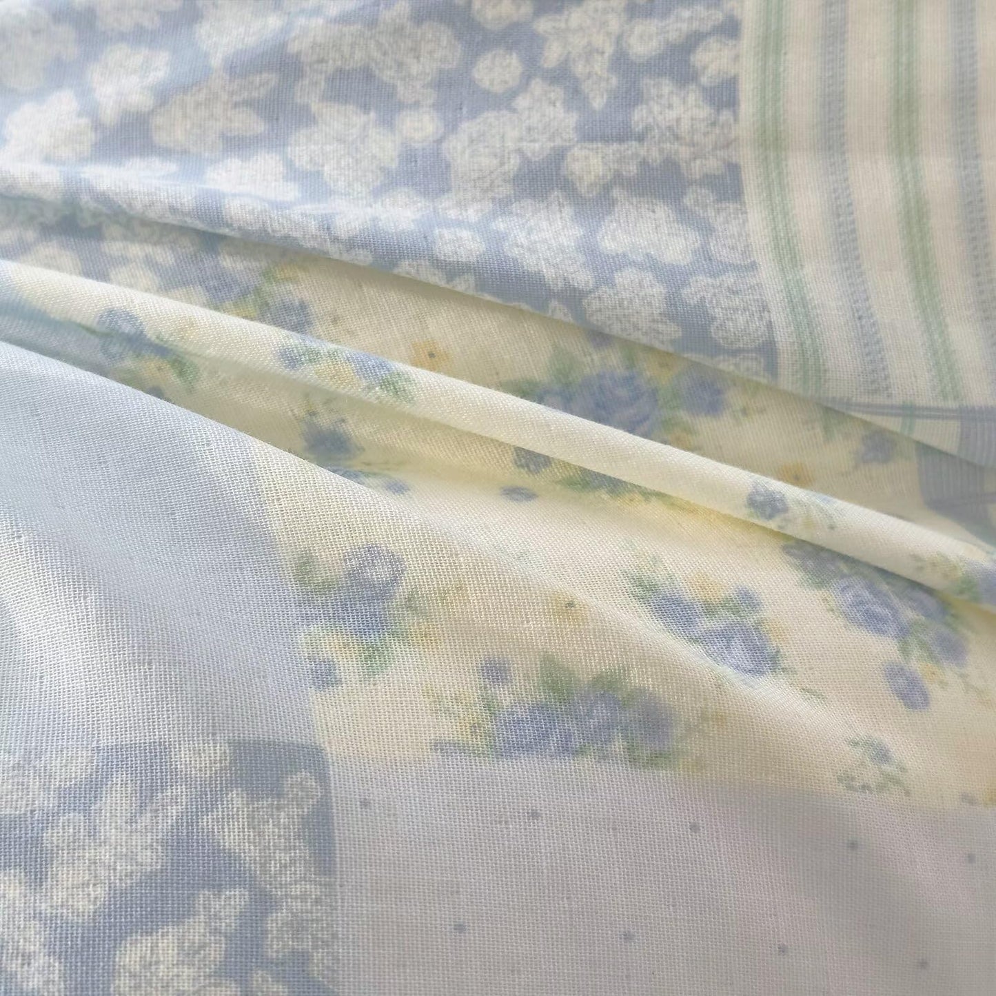 BuLuTu Luxury Muslin Cotton Duvet Cover Set Queen Size, Light Blue Striped Floral Duvet Covers Breathable Comfy Bedding Comforter Cover for Summer, Zipper Closure, Machine Wash