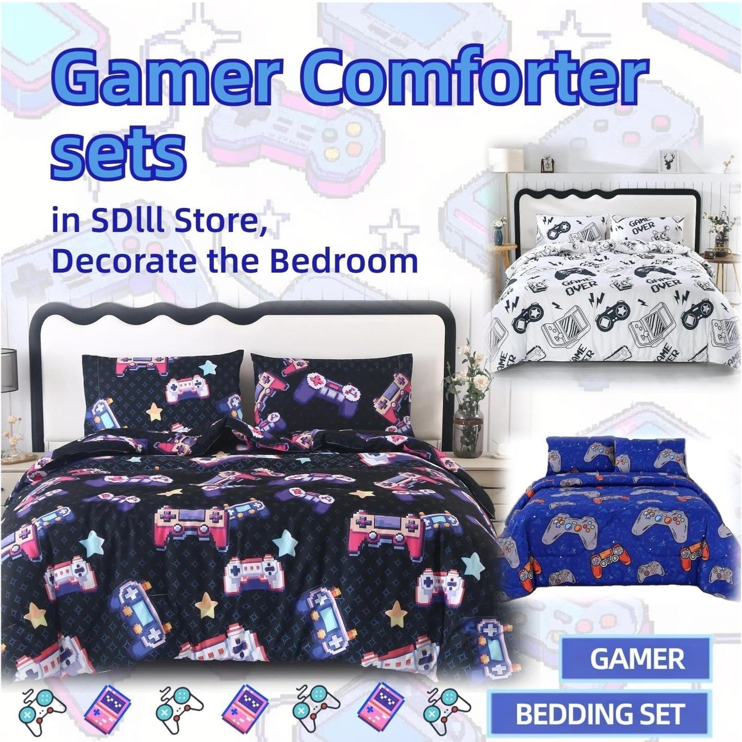 SDIII Blue Gamer Twin Fitted Sheet and 2 Pillowcases, Deep Pocket Soft Microfiber Gaming Bottom Sheet Twin for Kids Boys Girls Teens