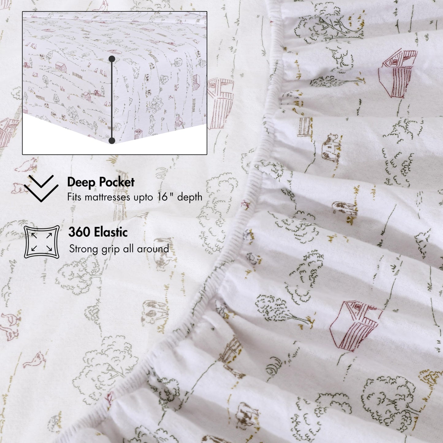RUVANTI Flannel Sheets Queen Size - 100% Cotton Double Brushed Bed Sheets, Deep Pockets 16 Inches Queen Sheet Set, All Seasons Breathable & Extra Soft - Warm & Cozy, 4 Piece, Rustic Homestead