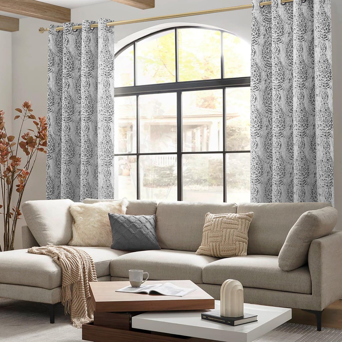 Grey and White Geometric Moroccan Patterned Curtains 84 Inches Long for Living Room 50% Blackout Room Darkening Damask Modern Stylish Curtains for Bedroom 84 Inch Length 2 Panels Set Light Gray