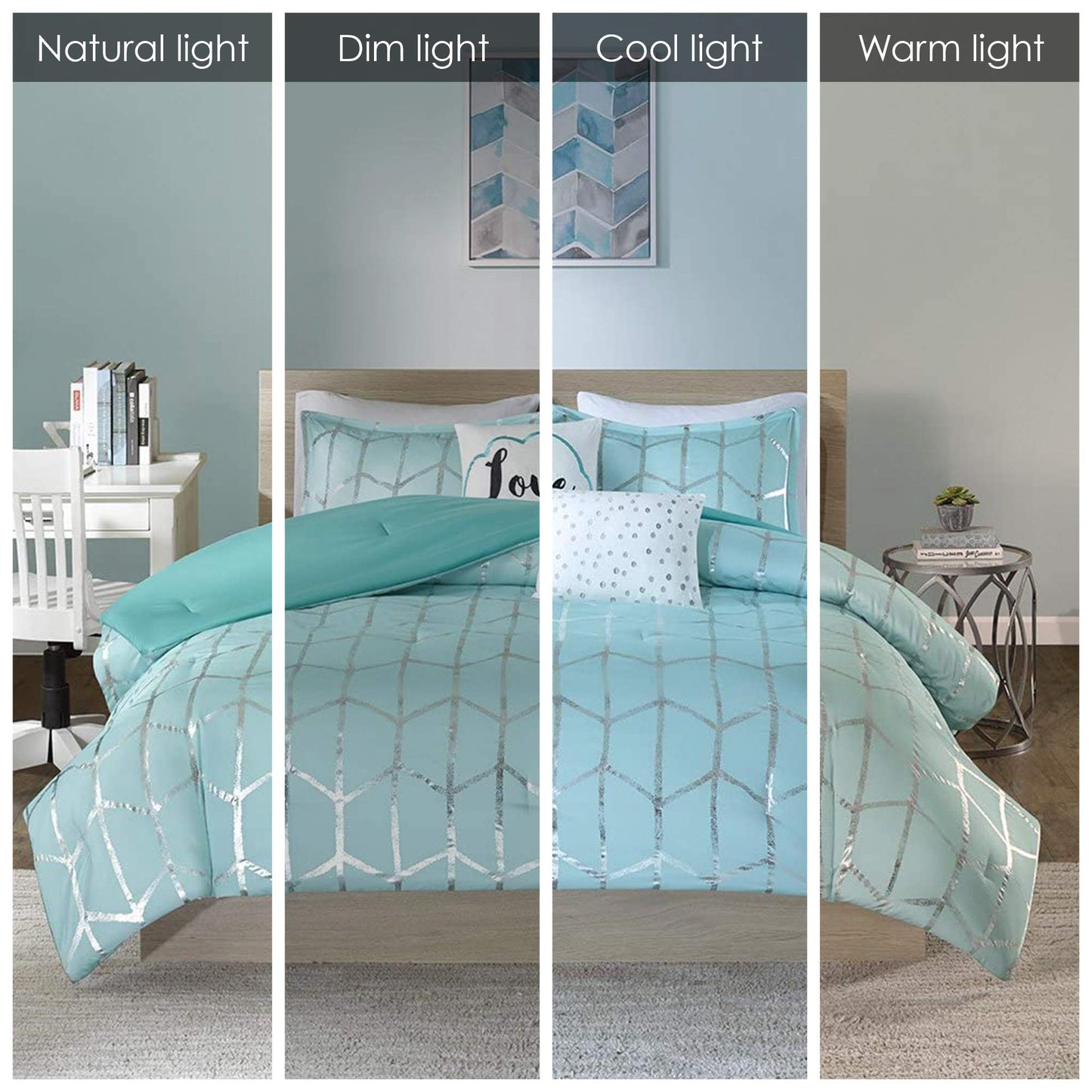 Intelligent Design Raina Full/Queen Comforter Set, Soft Microfiber, Modern Geometric Metallic Bed Set, 5 Pieces College Bedding with 2 Shams, 2 Toss Pillows Aqua/Silver