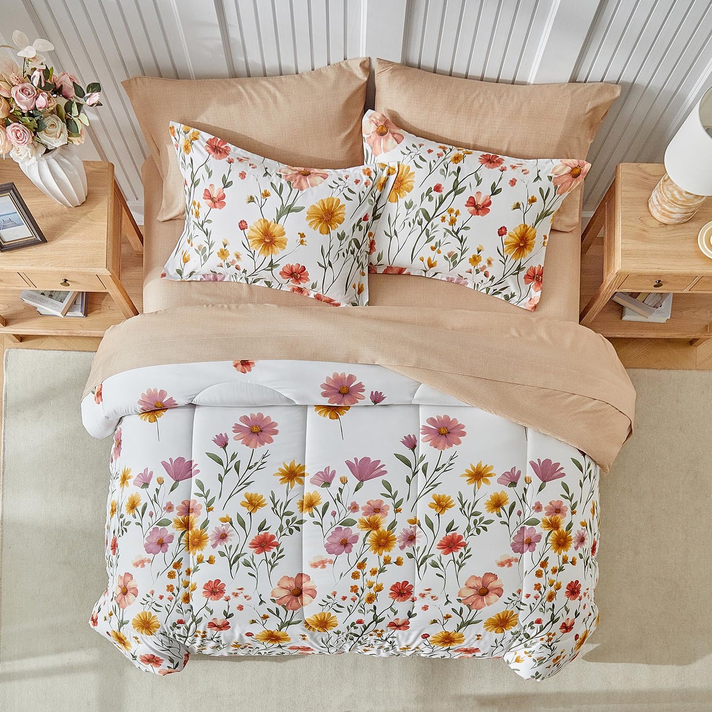 White Floral Comforter Sheet Set Reversible Bohemian Bed in a Bag Bedding Set, Botanical Bedding Set (1 Comforter 2 Pillow Shams 1 Flat Sheet 1 Fitted Sheet 2 Pillowcases) 7PC Queen Size Yellow