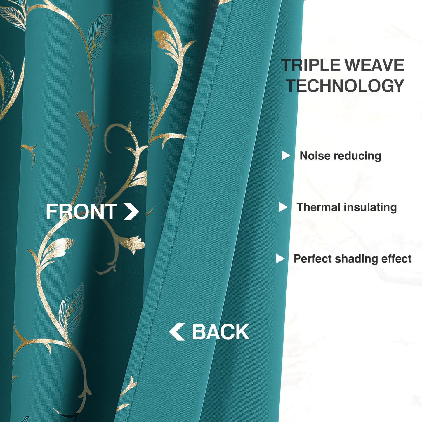 BUHUA Blackout Curtain 2 Panel Set Gold Vine Foil Print Thermal Insulated Drapes Room Darkening Curtains Grommet Window Treatment, 52 x 72 Inch, Teal Blue
