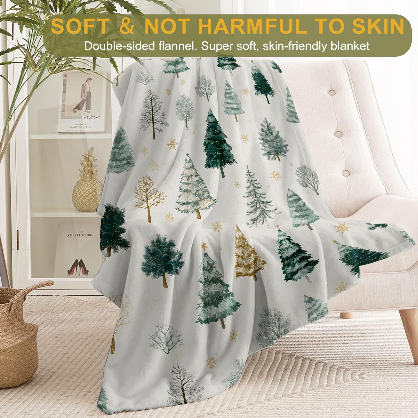 ainori Christmas Decorative Blanket, Elegant Tree and Snowflake Print Throw Decoration, Soft Flannel Winter Blankets for Couch Bed Sofa, Holiday Home Decor, Xmas Festival Gifts White 50x60 Inch